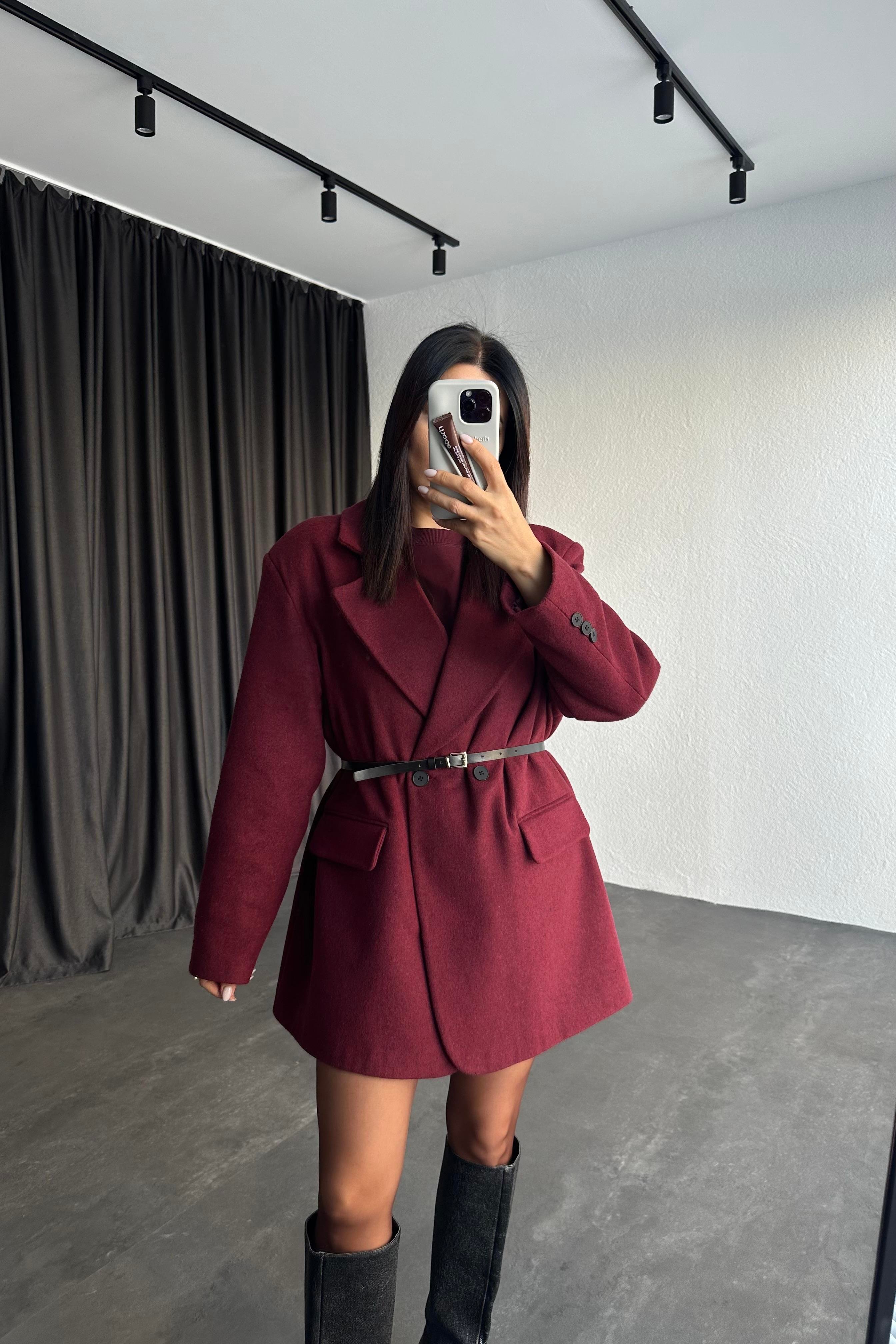 Beli Kemerli Astarlı Oversize Bordo Kaşe Ceket