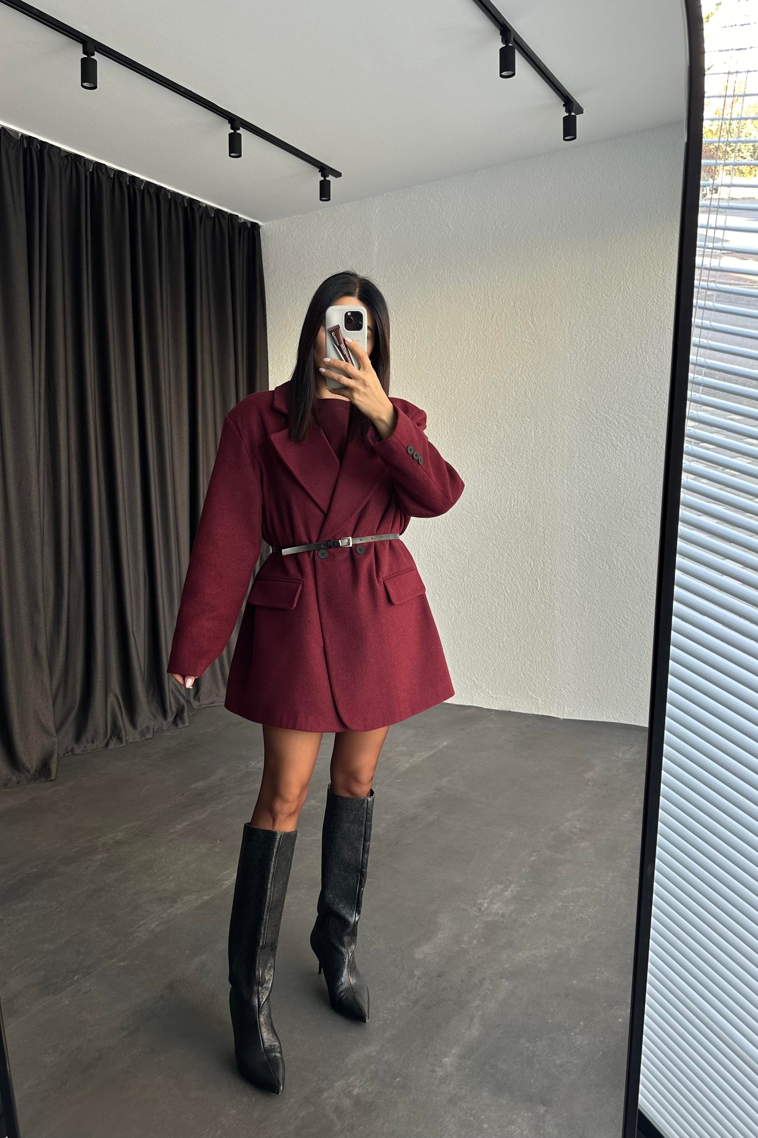 Beli Kemerli Astarlı Oversize Bordo Kaşe Ceket