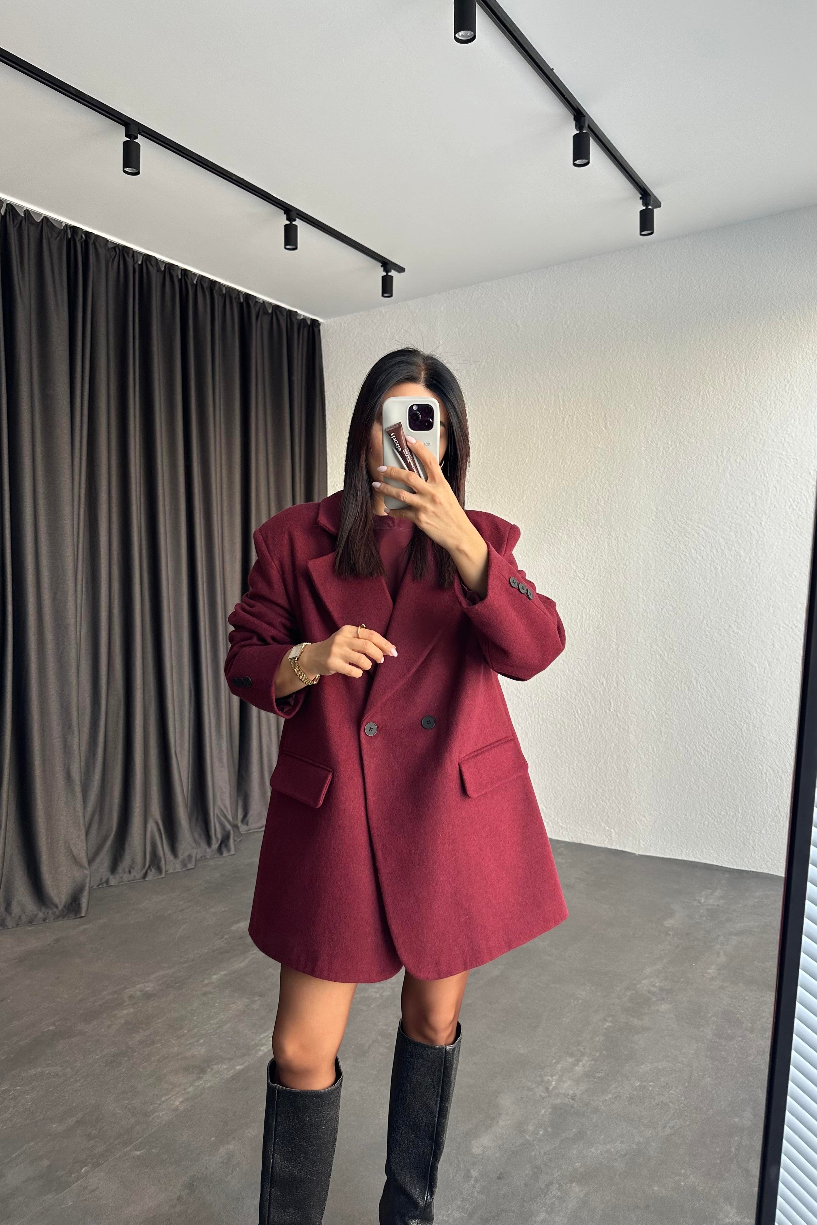 Beli Kemerli Astarlı Oversize Bordo Kaşe Ceket
