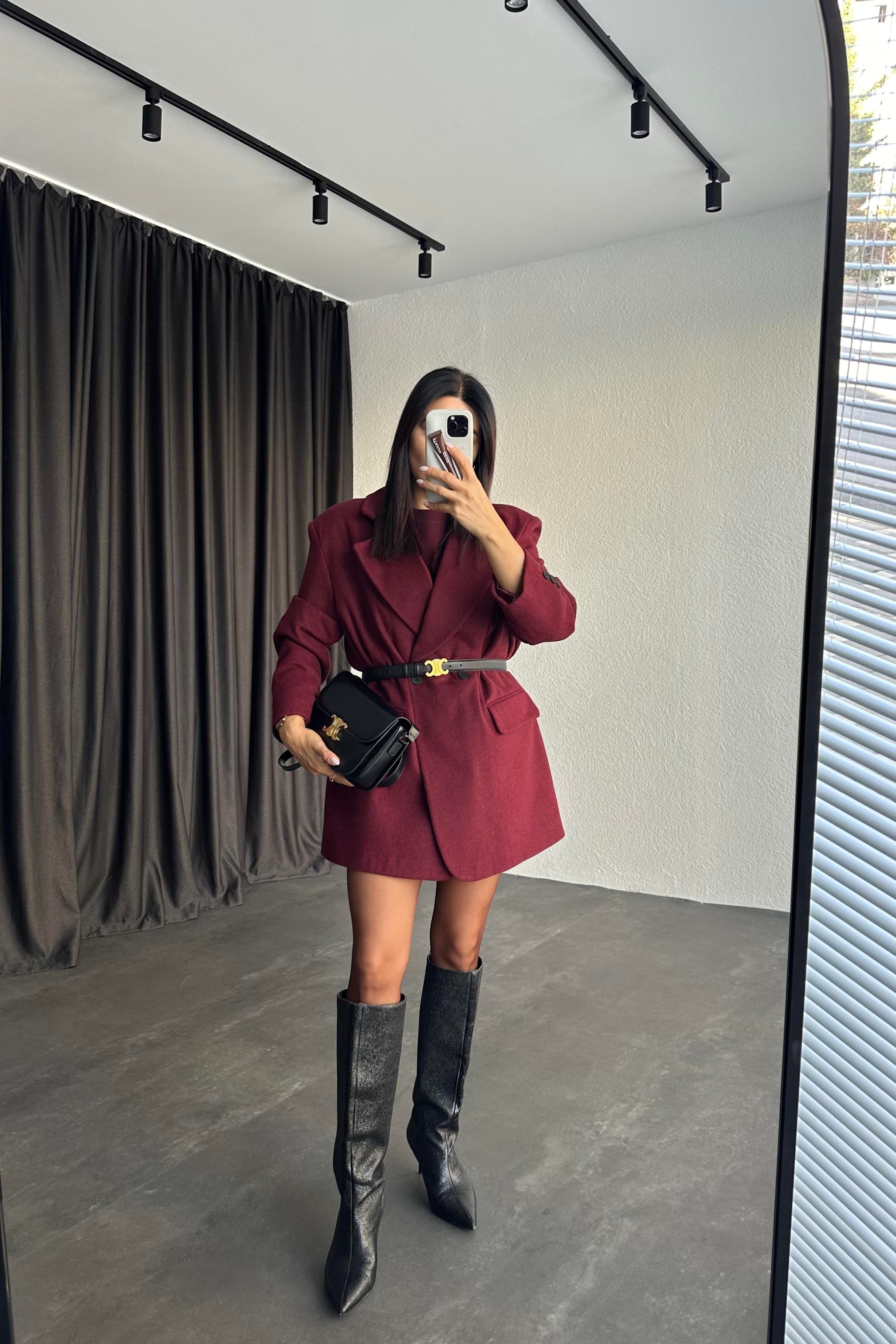 Beli Kemerli Astarlı Oversize Bordo Kaşe Ceket