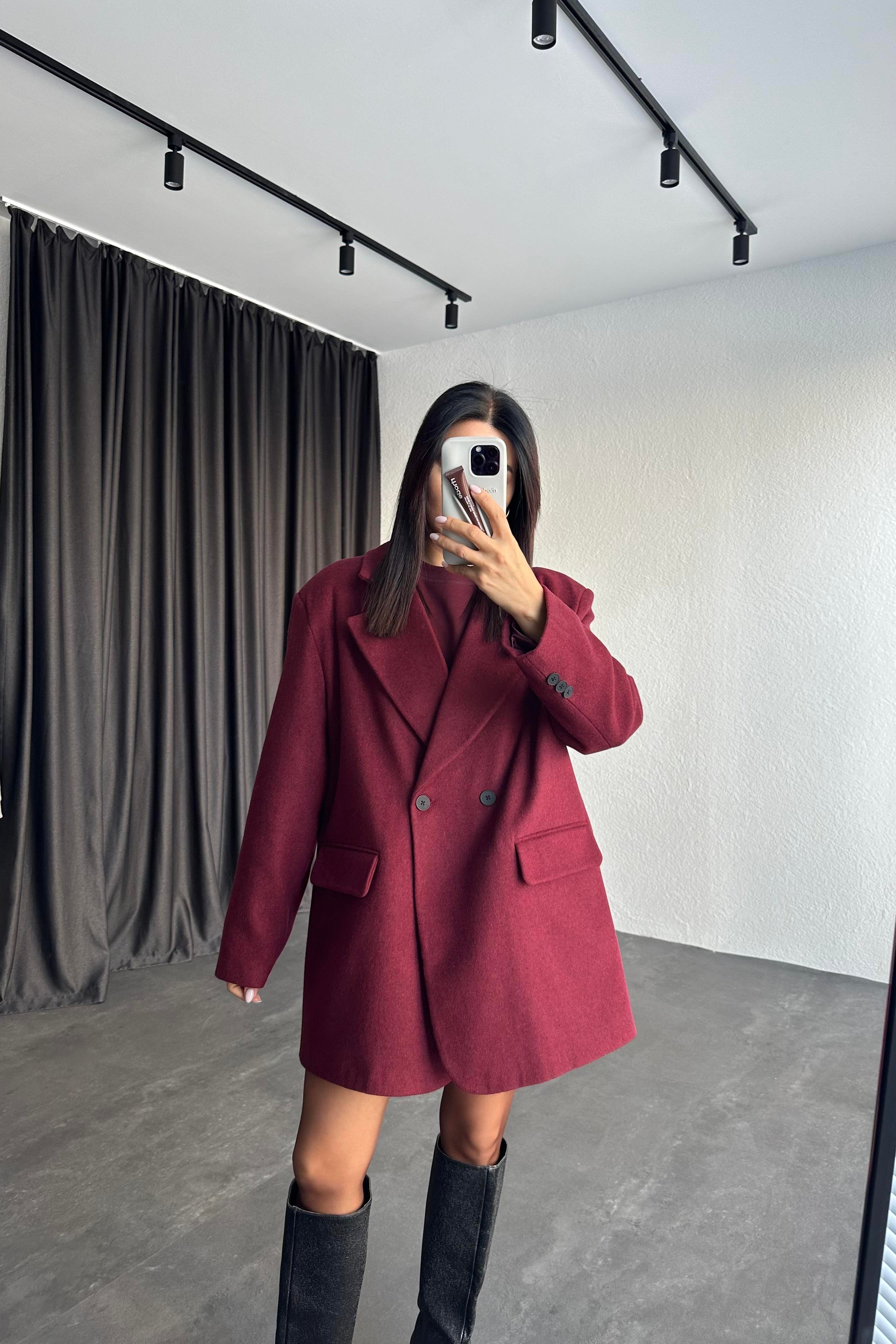 Beli Kemerli Astarlı Oversize Bordo Kaşe Ceket