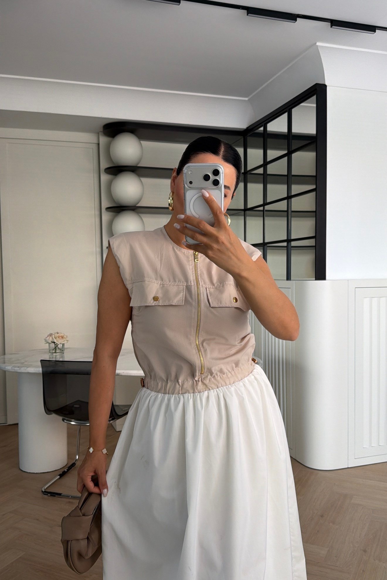 BELİ KORDONLU ÇİFT CEPLİ FERMUARLI MAXİ BOY ELBİSE 