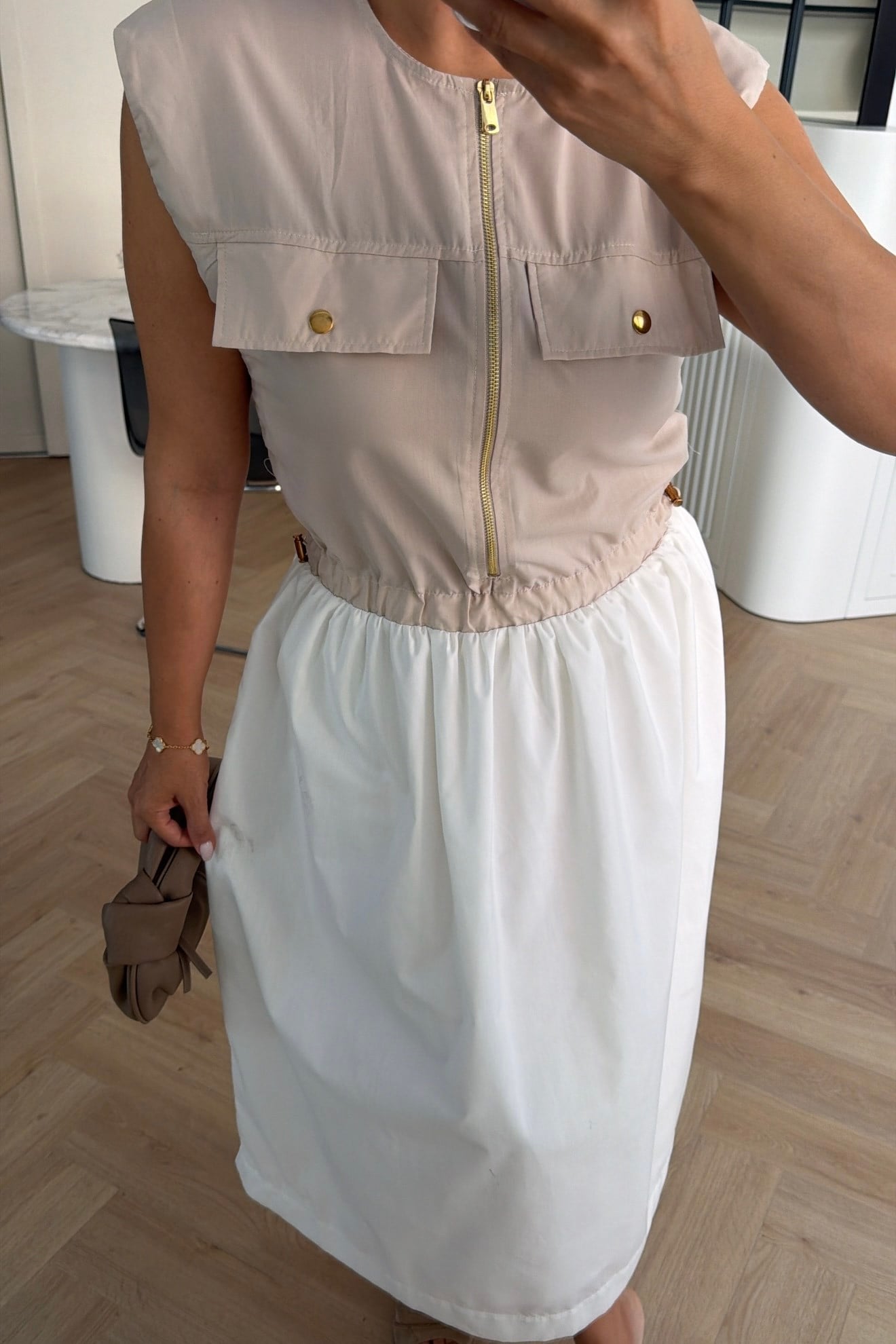 BELİ KORDONLU ÇİFT CEPLİ FERMUARLI MAXİ BOY ELBİSE 