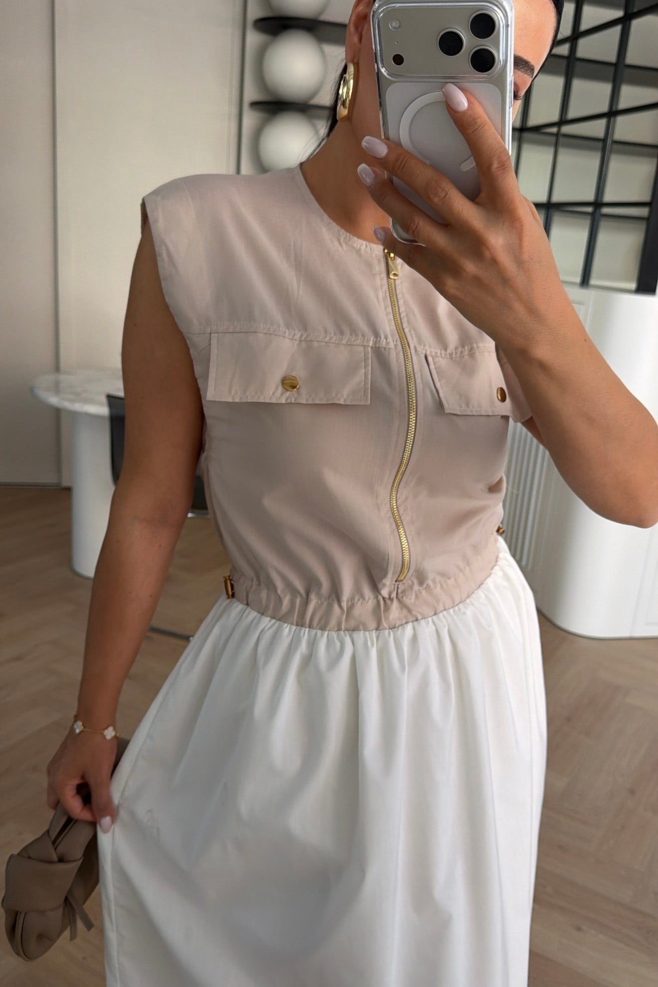 BELİ KORDONLU ÇİFT CEPLİ FERMUARLI MAXİ BOY ELBİSE 