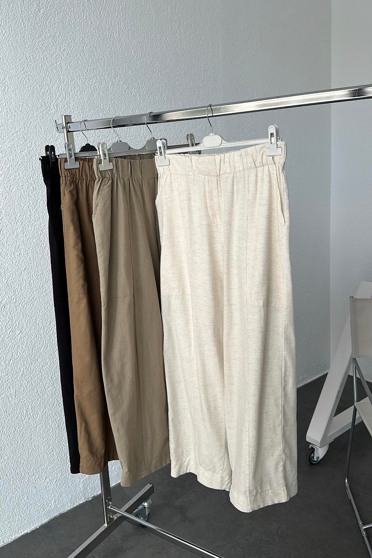 Beli Lastikli Keten Pantolon Vizon