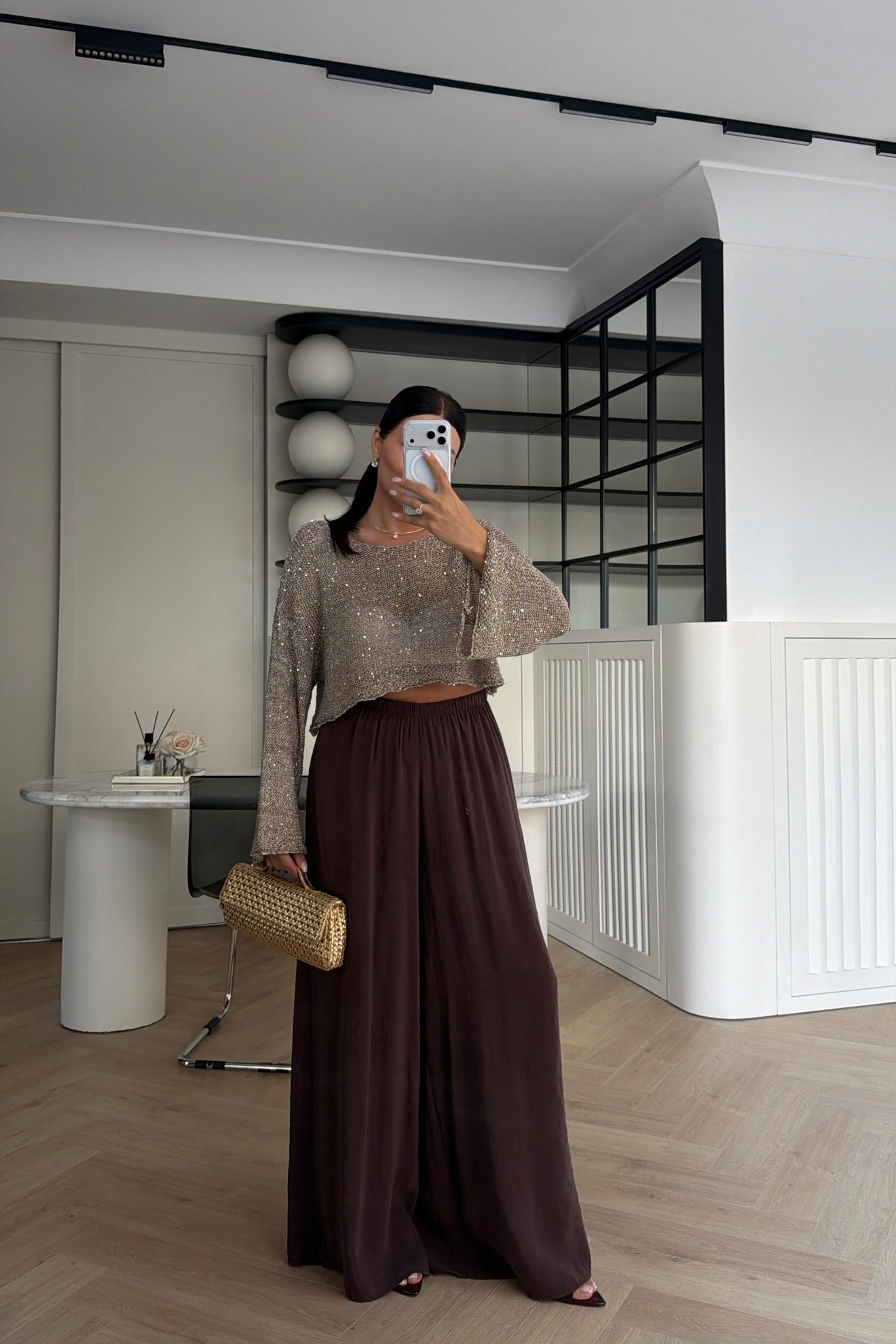 BELİ LASTİKLİ TENSEL KUMAŞ CEPLİ PANTOLON KAHVE 