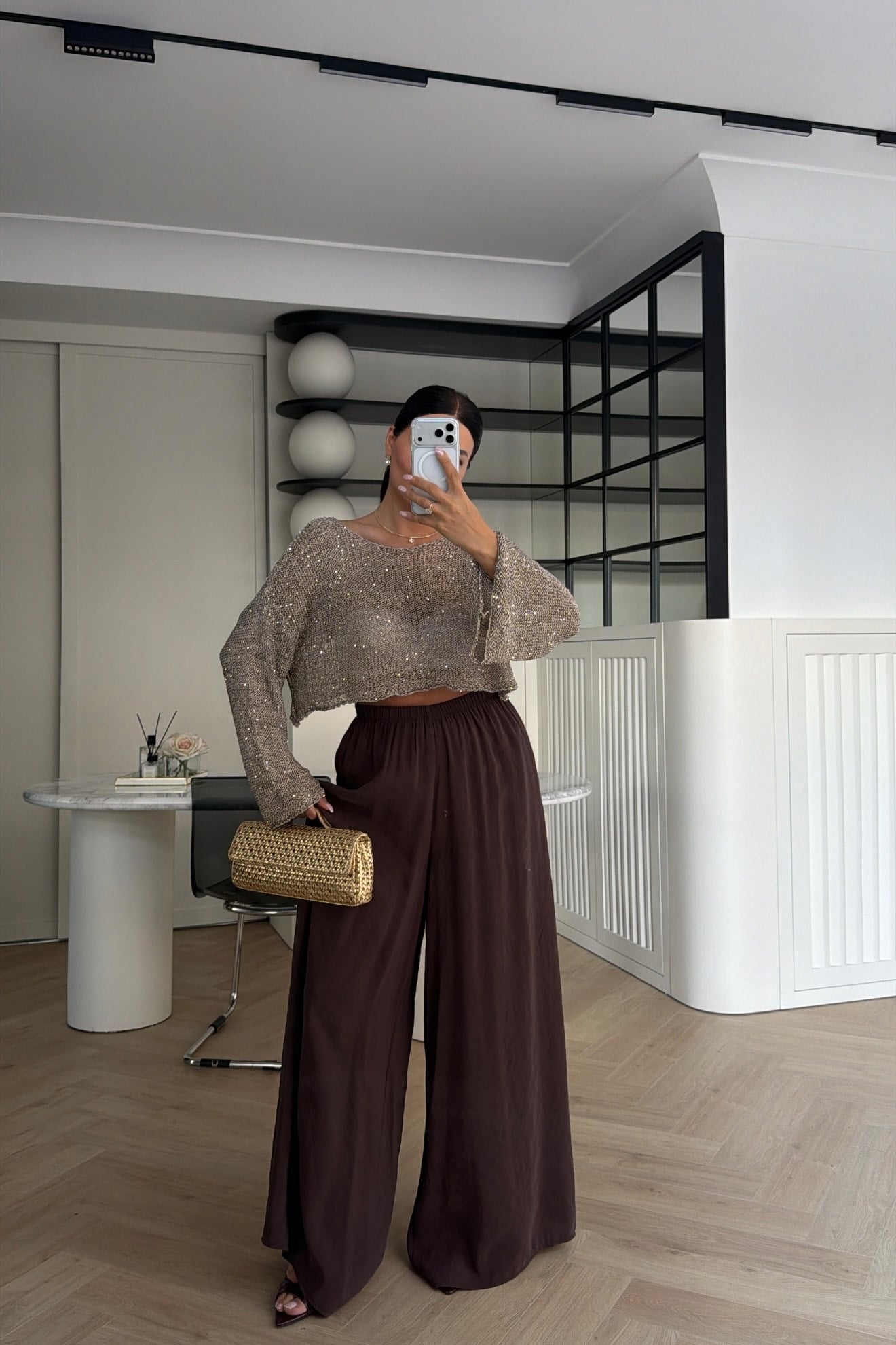 BELİ LASTİKLİ TENSEL KUMAŞ CEPLİ PANTOLON KAHVE 