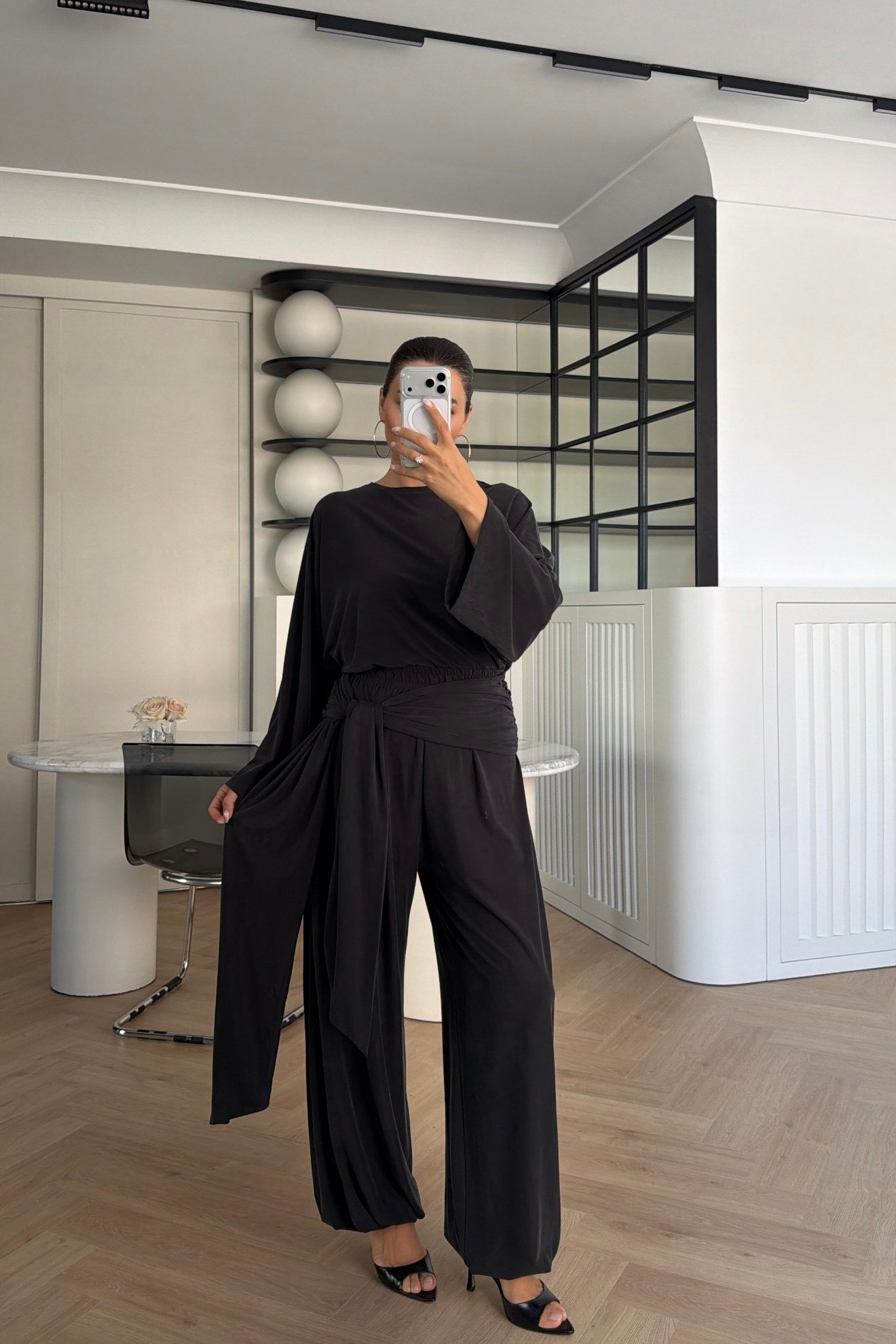 BELİ ŞALLI BLUZ PANTOLON TAKIM ANTRASİT 