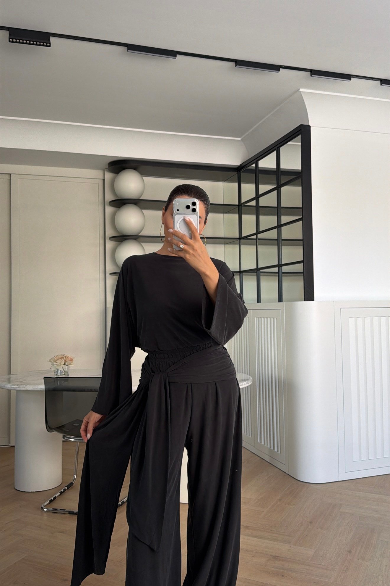 BELİ ŞALLI BLUZ PANTOLON TAKIM ANTRASİT 