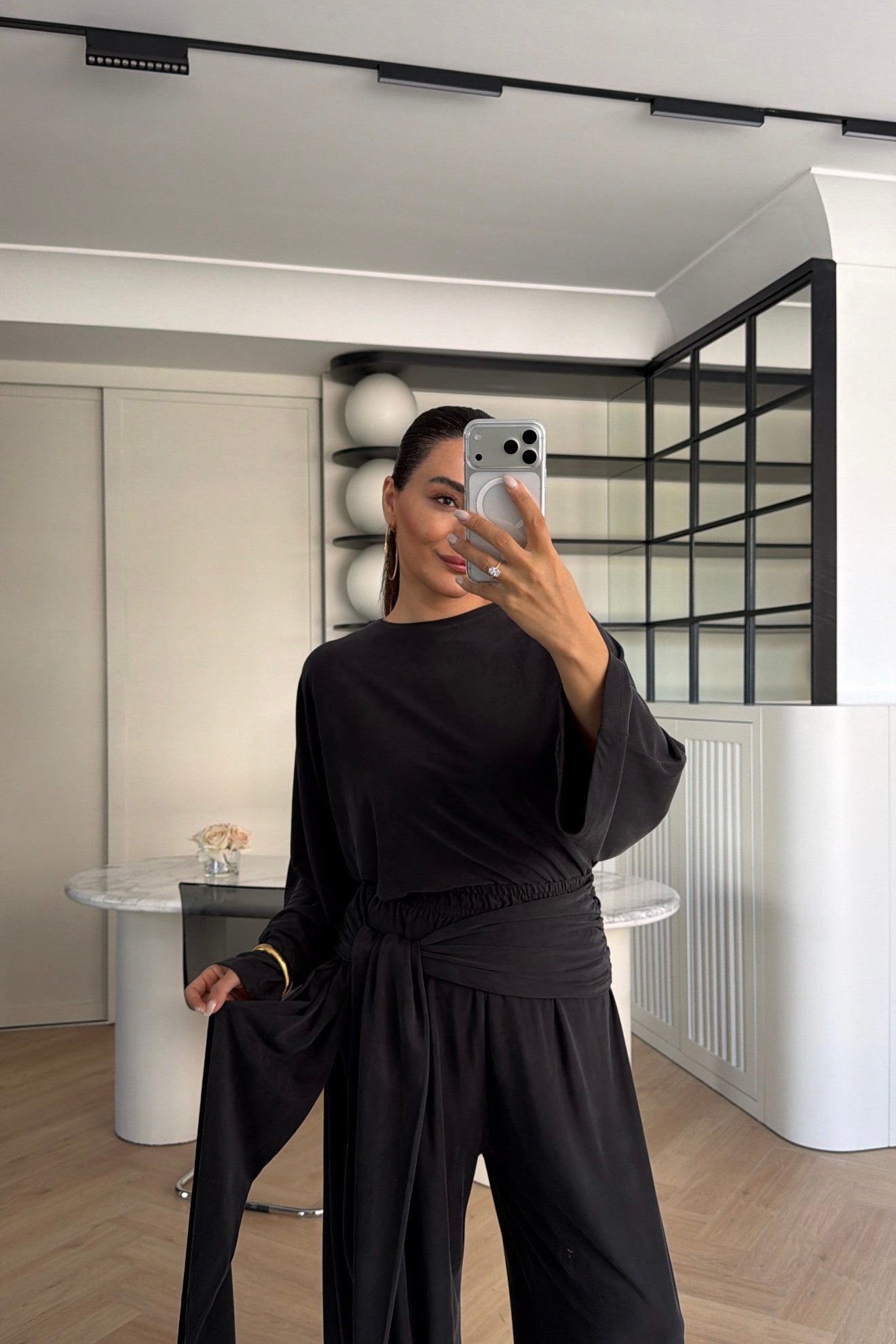 BELİ ŞALLI BLUZ PANTOLON TAKIM ANTRASİT 