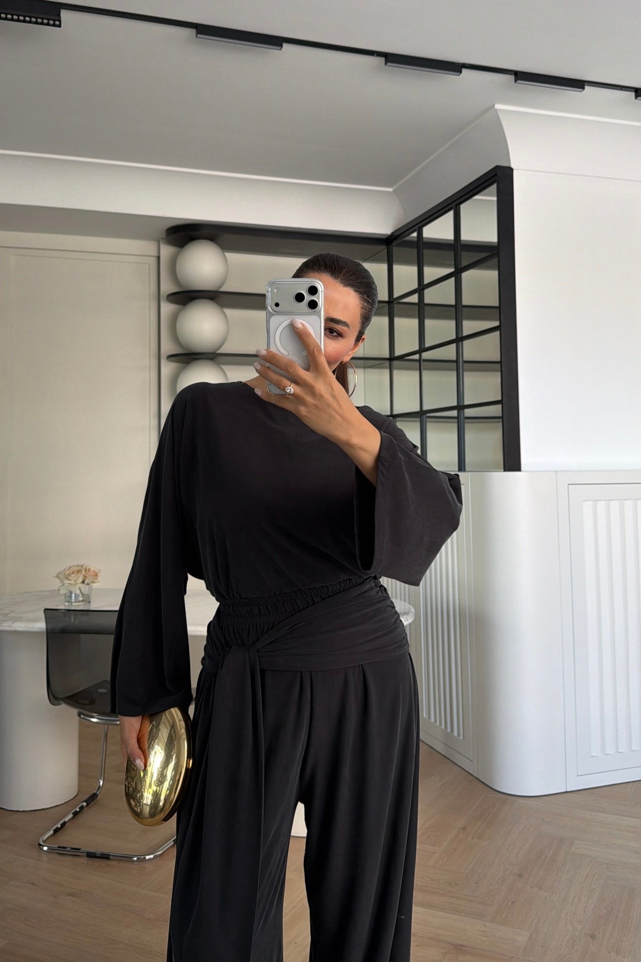 BELİ ŞALLI BLUZ PANTOLON TAKIM ANTRASİT 