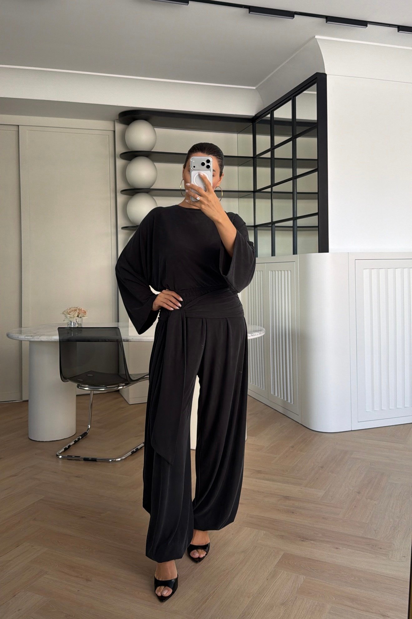 BELİ ŞALLI BLUZ PANTOLON TAKIM ANTRASİT 