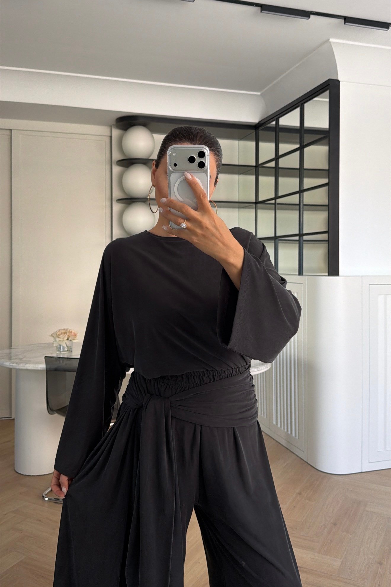 BELİ ŞALLI BLUZ PANTOLON TAKIM ANTRASİT 