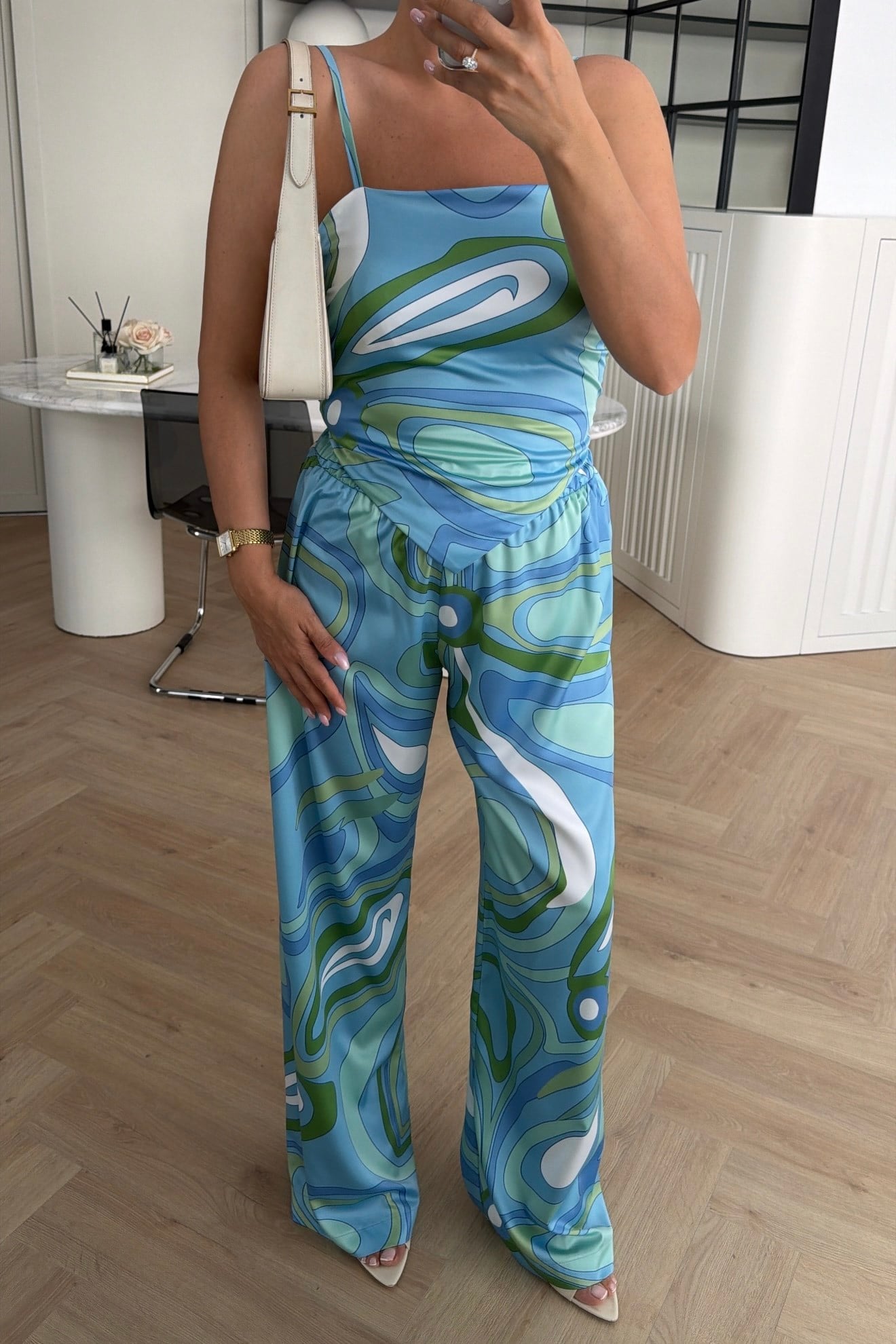 BERF DESENLİ SATEN BLUZ PANTOLON TAKIM MAVİ 