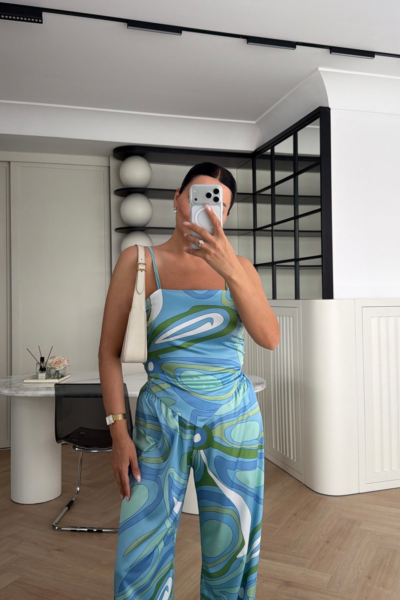 BERF DESENLİ SATEN BLUZ PANTOLON TAKIM MAVİ 