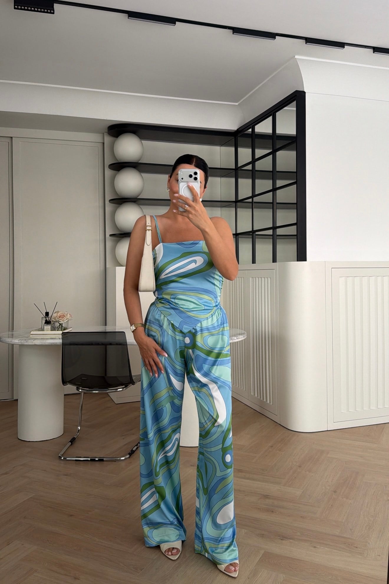 BERF DESENLİ SATEN BLUZ PANTOLON TAKIM MAVİ 