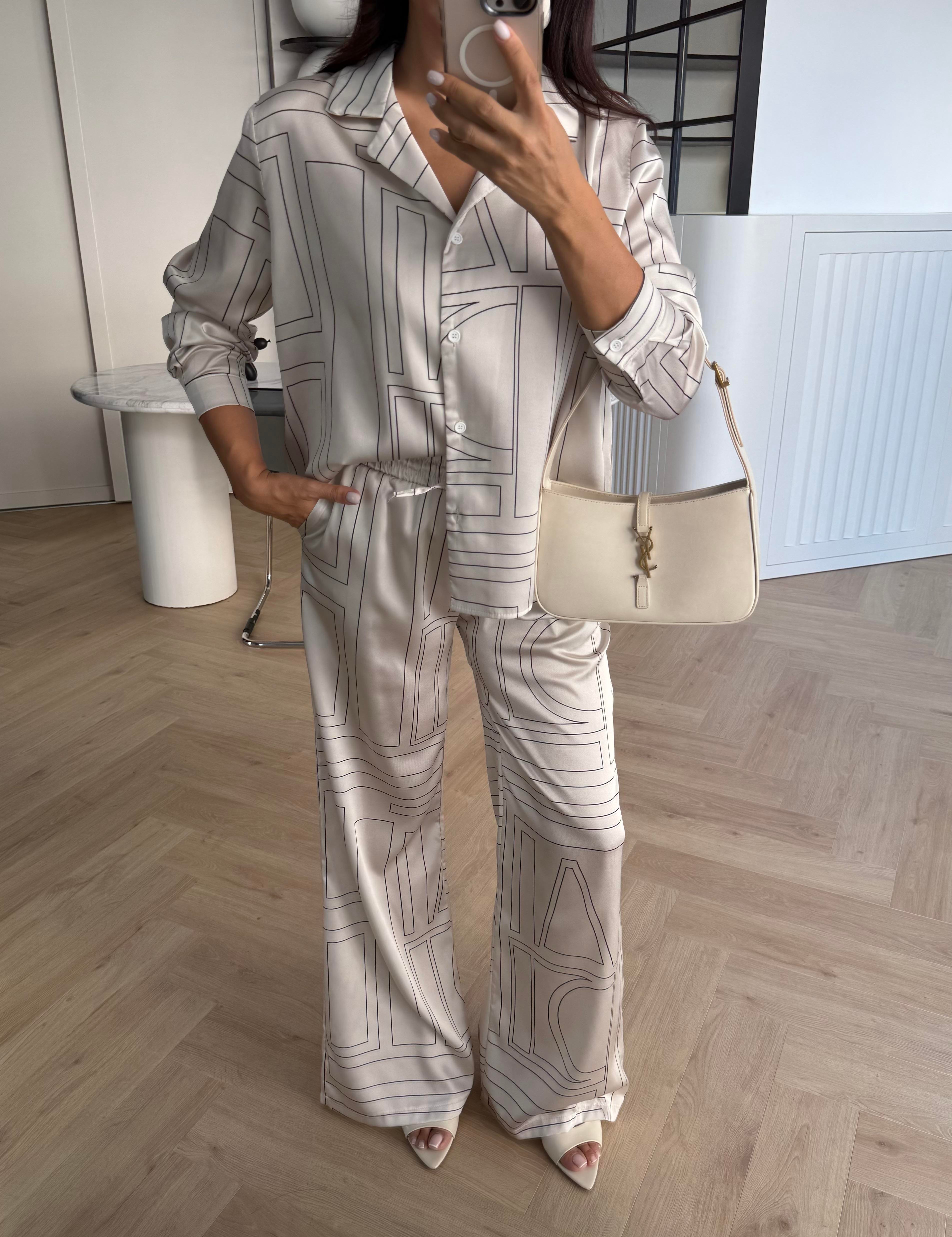 BEYAZ GEOMETRİK DESENLİ GÖMLEK PANTOLON TAKIM