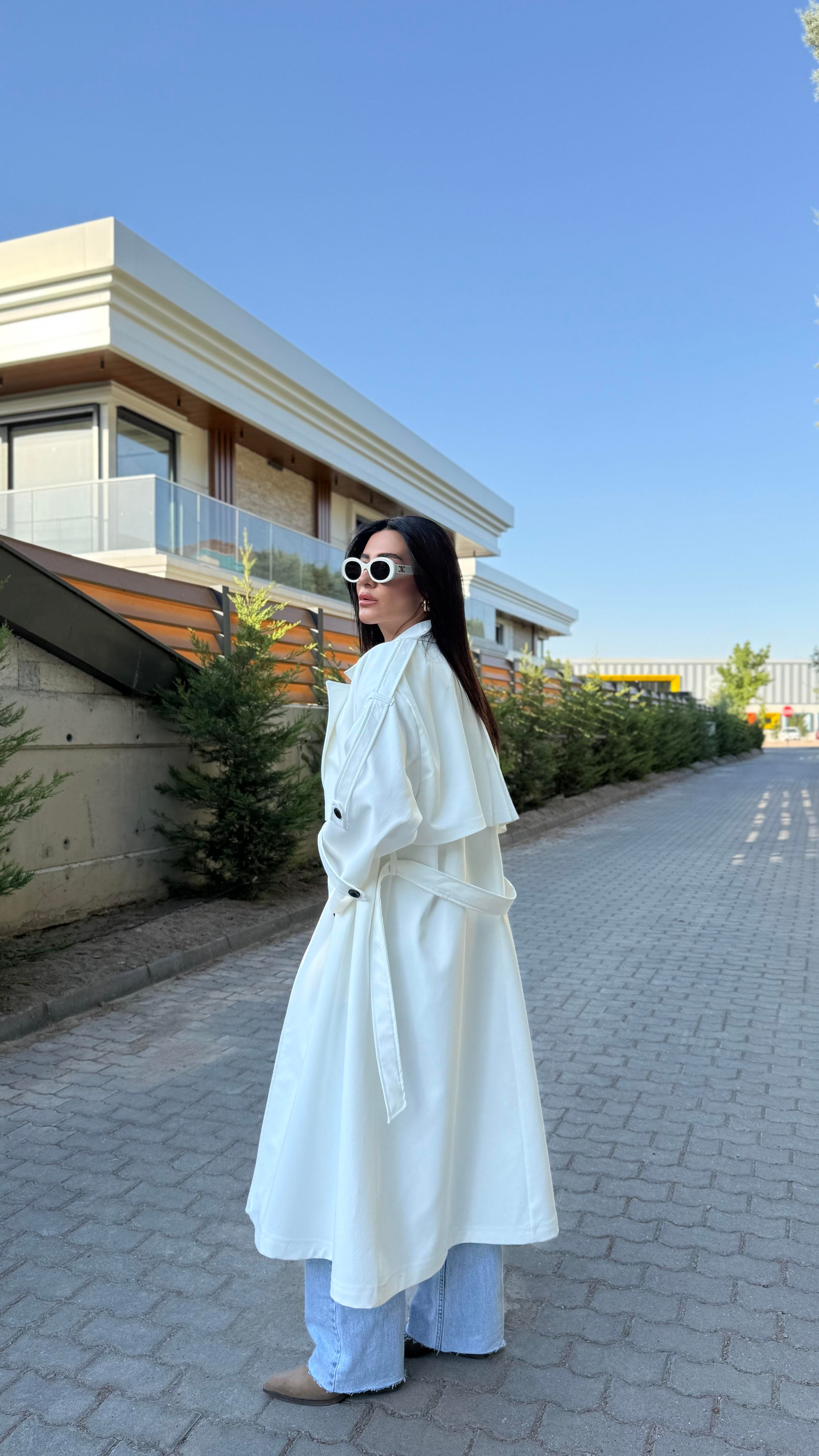 BEYAZ TASARIM ASTARLI PREMIUM TRENÇKOT