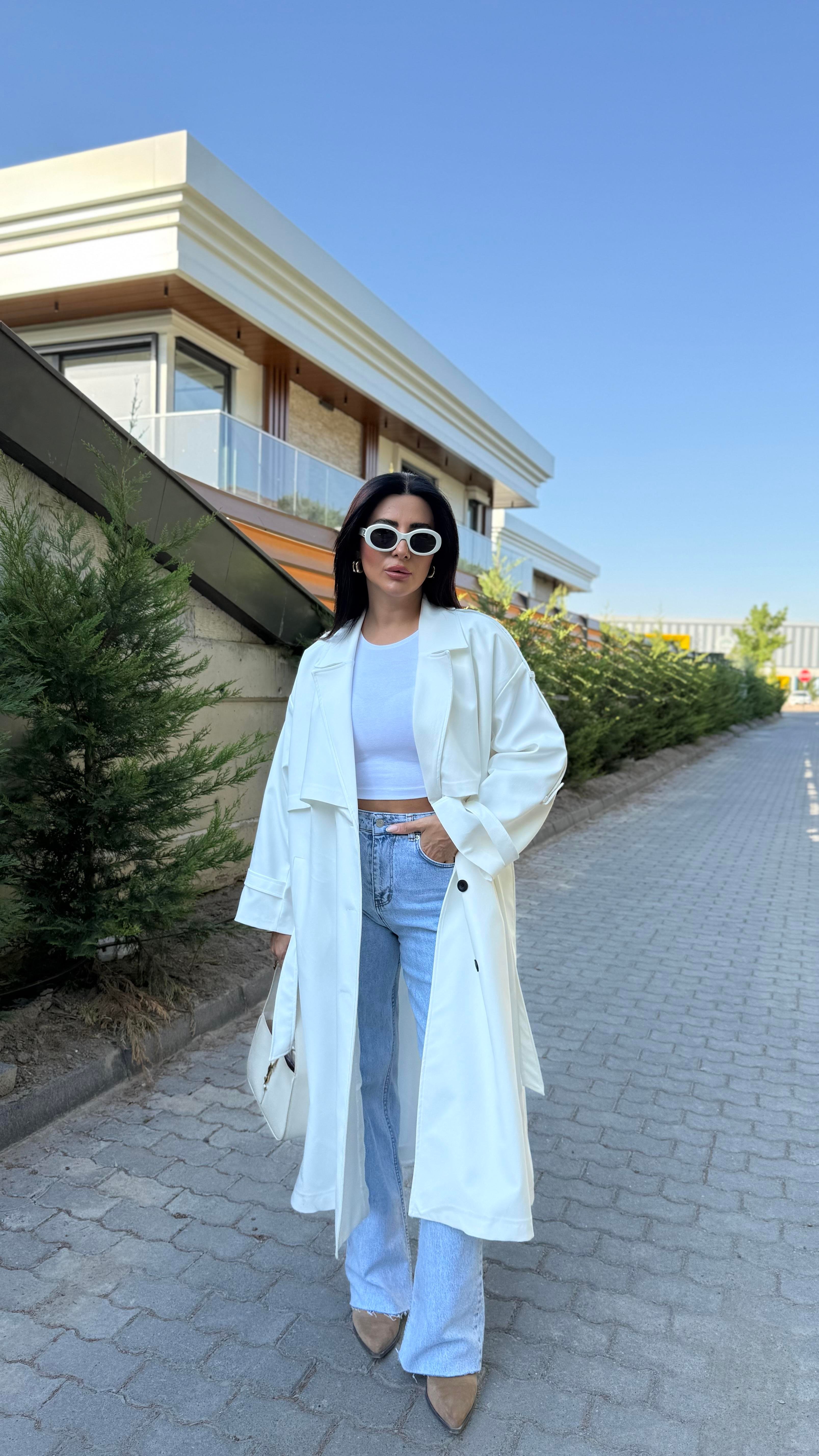 BEYAZ TASARIM ASTARLI PREMIUM TRENÇKOT