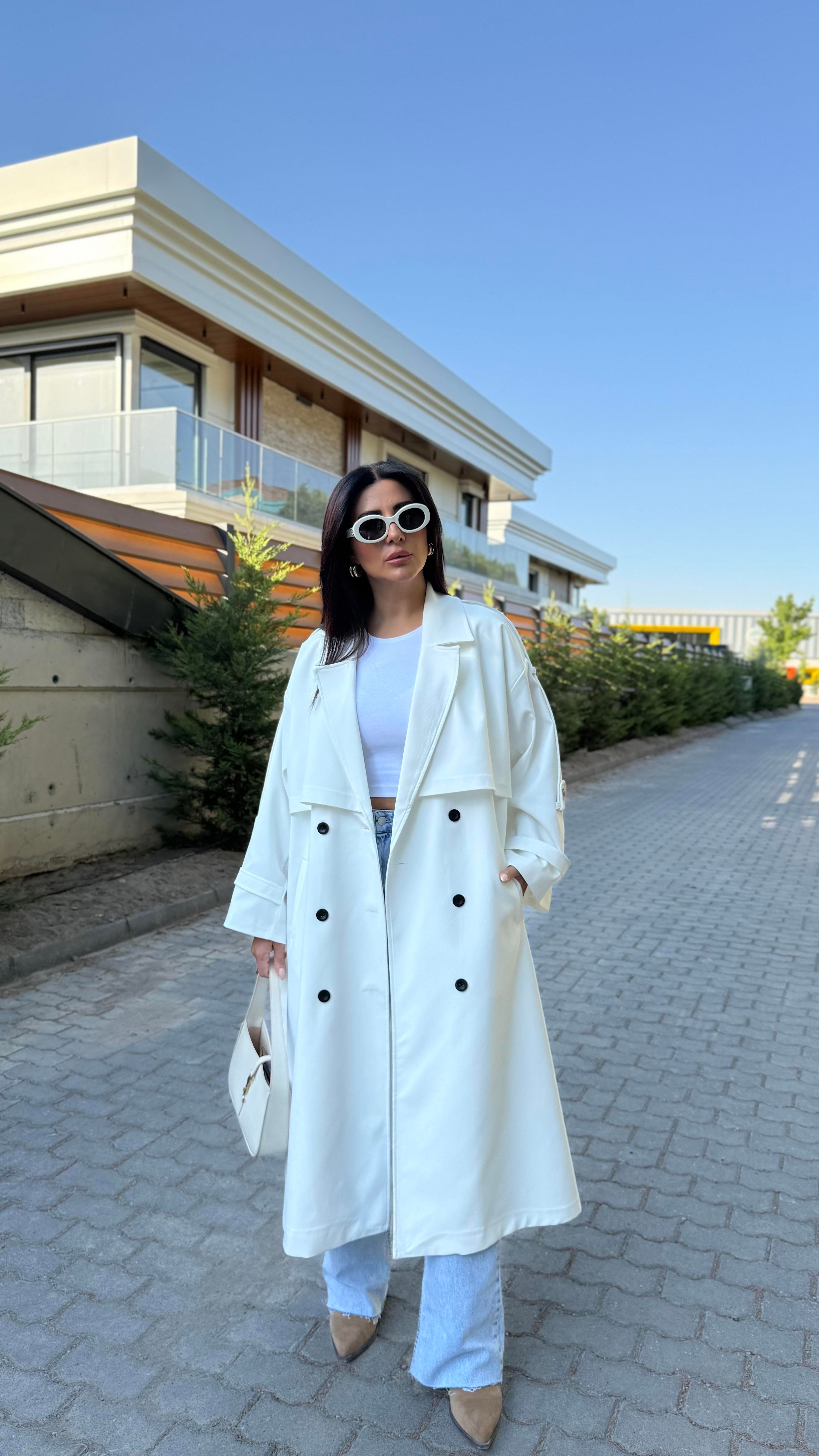 BEYAZ TASARIM ASTARLI PREMIUM TRENÇKOT