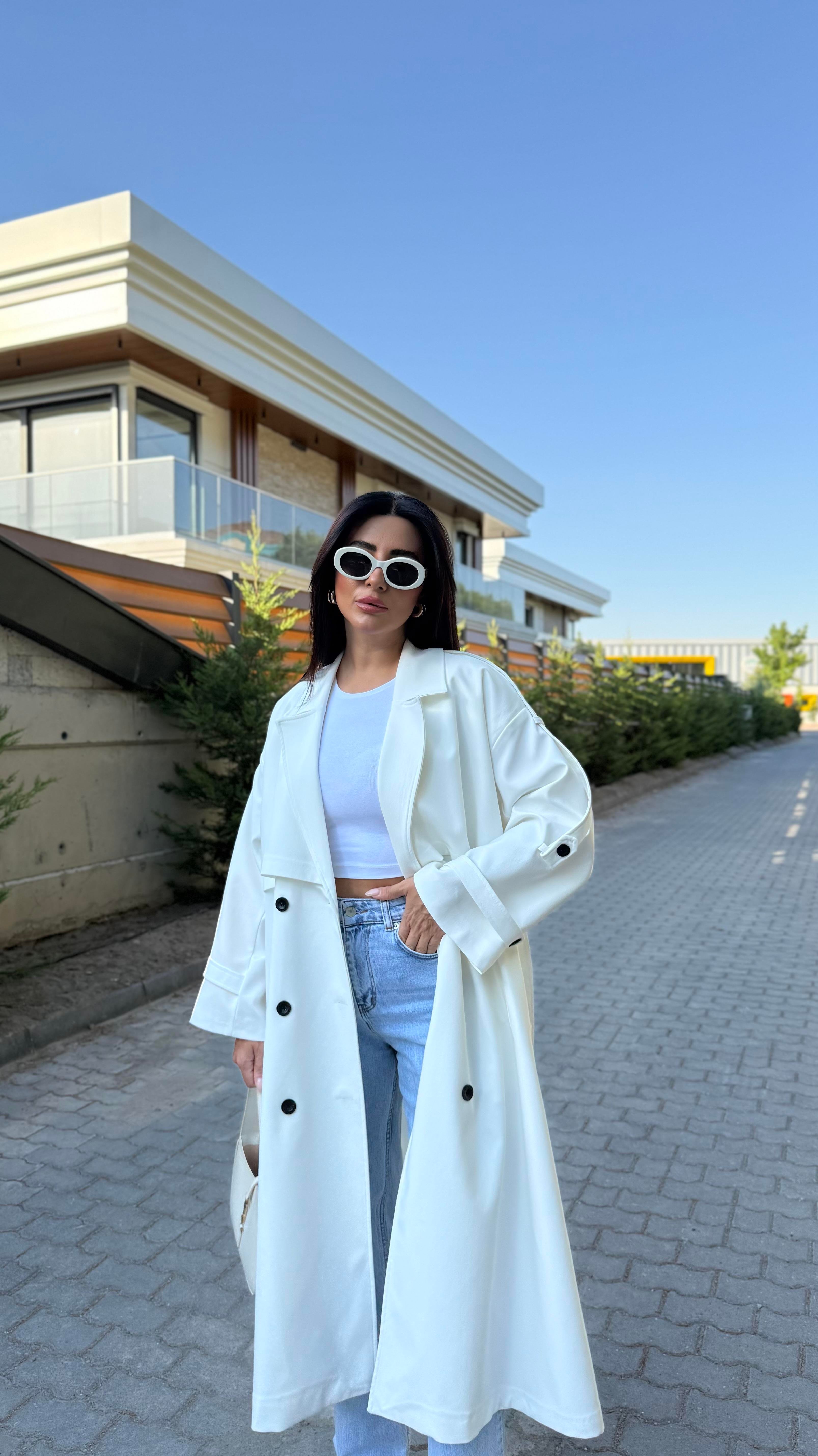 BEYAZ TASARIM ASTARLI PREMIUM TRENÇKOT