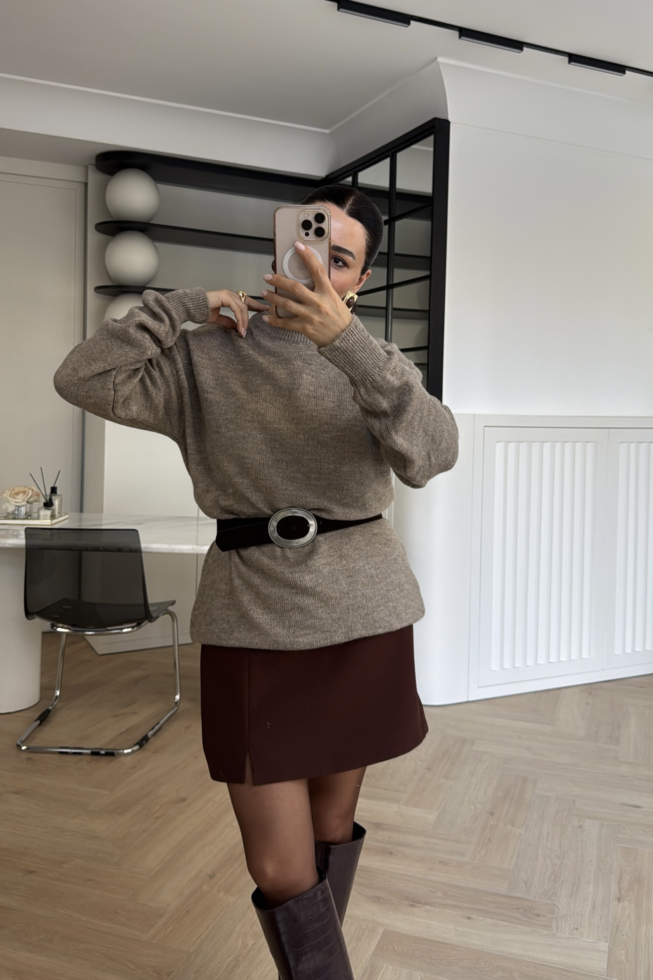 BİSİKLET YAKA TUNİK BOY OVERSİZE KAZAK VİZON 