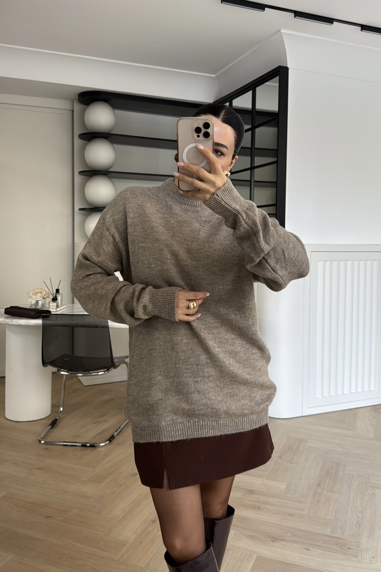 BİSİKLET YAKA TUNİK BOY OVERSİZE KAZAK VİZON 