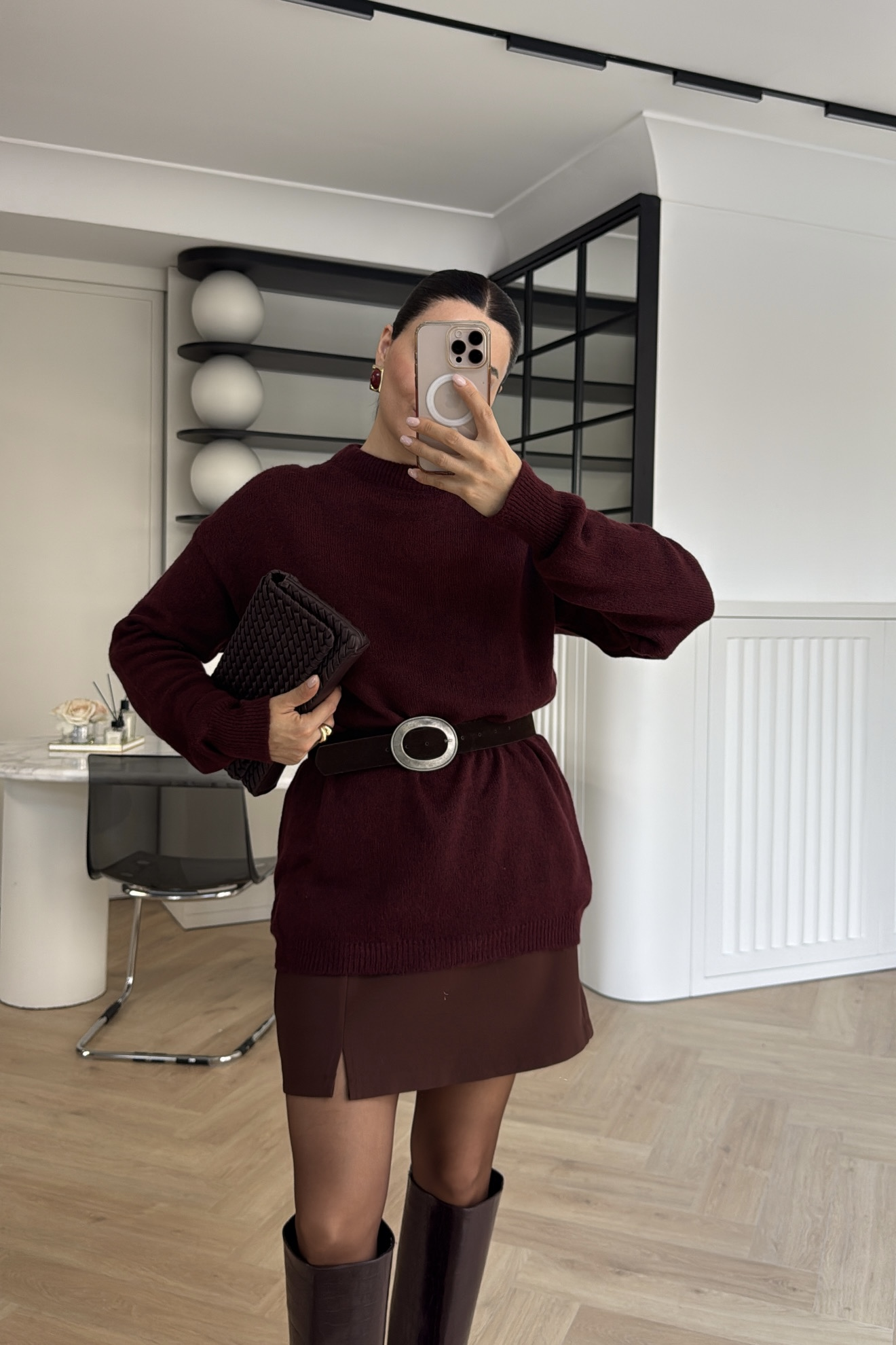 BİSİKLET YAKA TUNİK BOY OVERSİZE KAZAK BORDO 