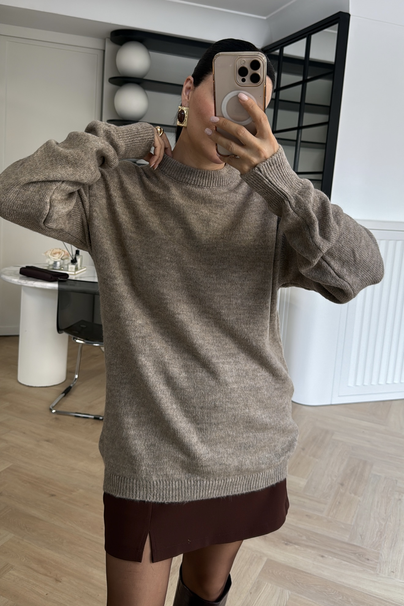 BİSİKLET YAKA TUNİK BOY OVERSİZE KAZAK VİZON 