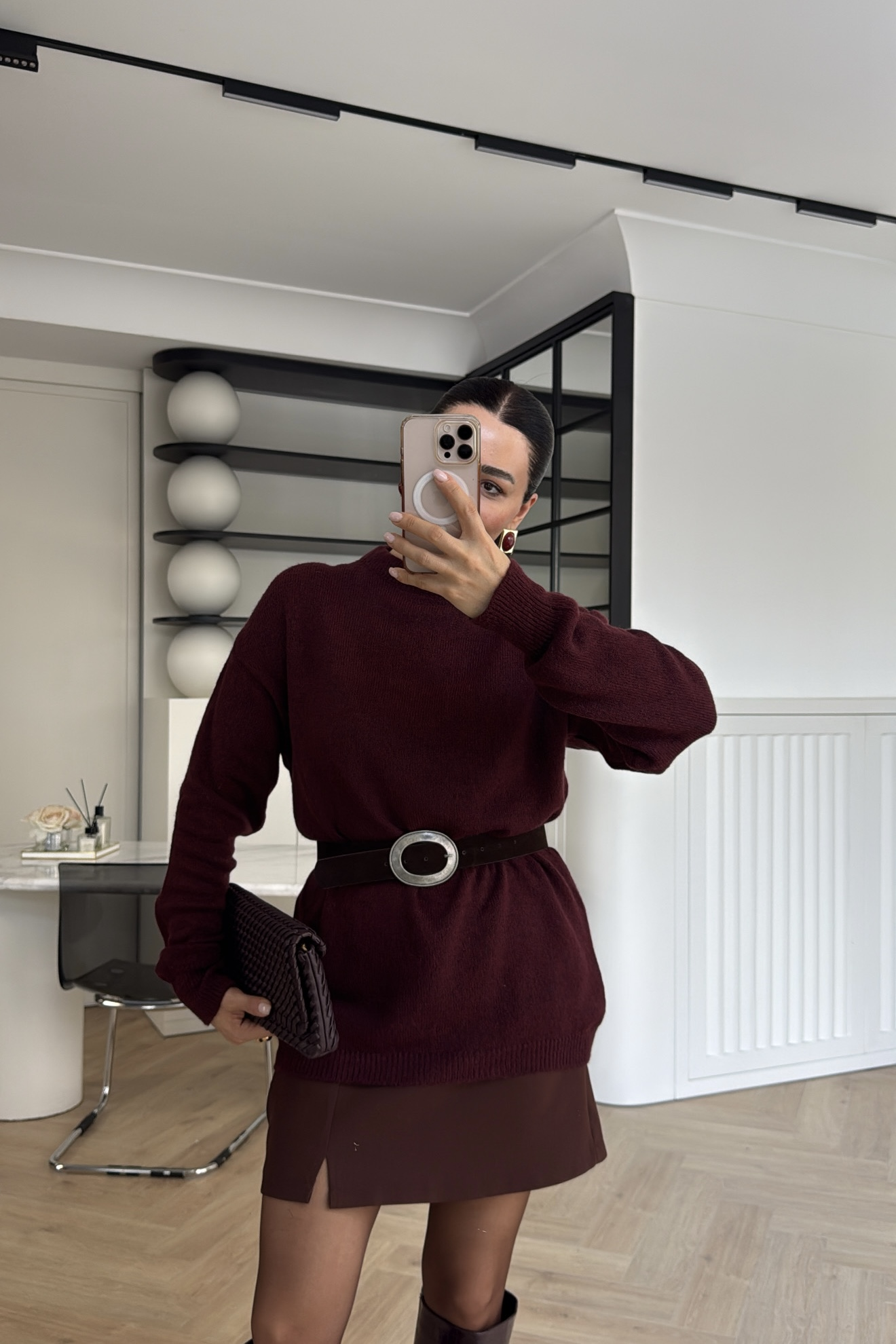 BİSİKLET YAKA TUNİK BOY OVERSİZE KAZAK BORDO 