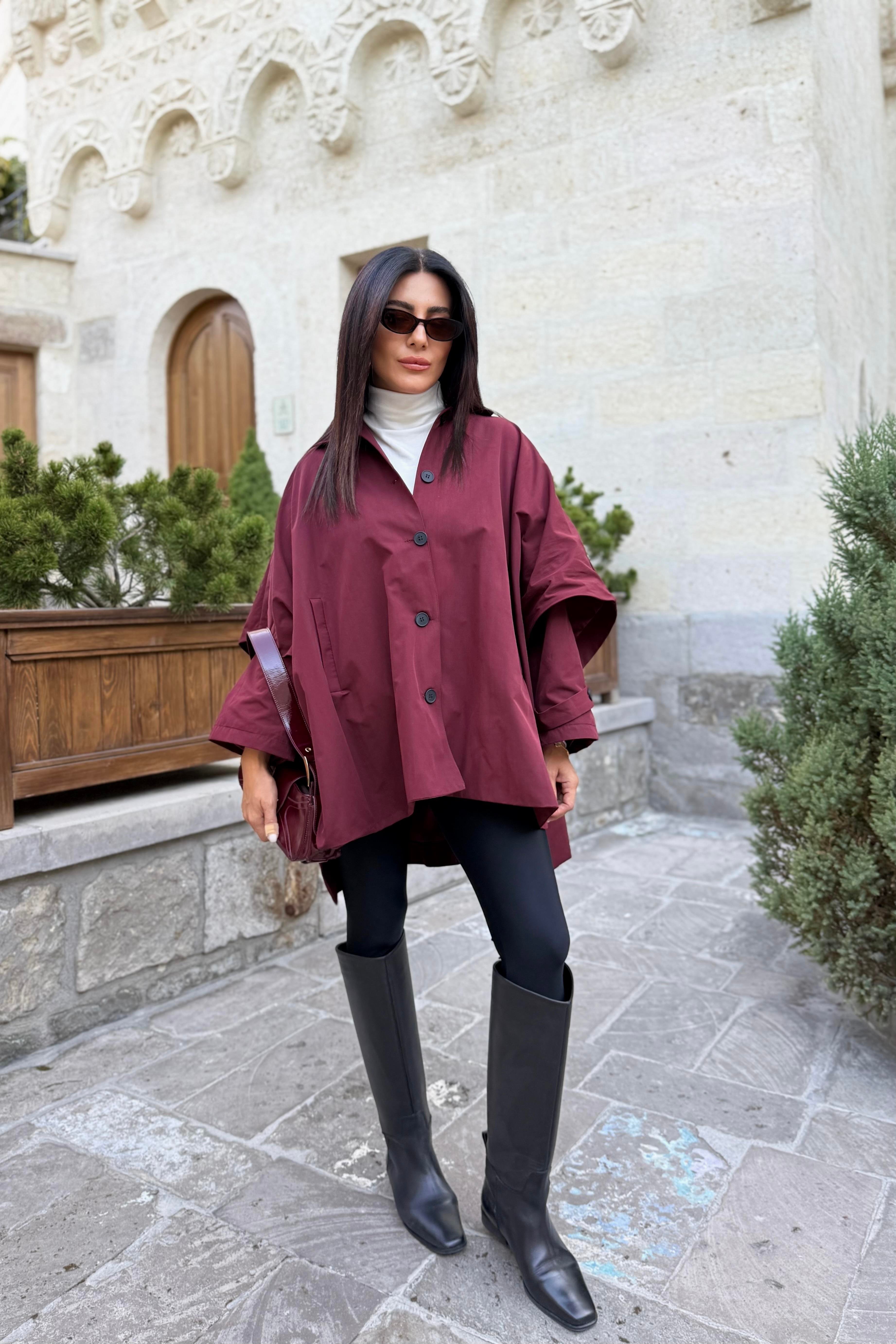 BORDO ASTARLI DÜĞMELİ PANÇO TRENÇKOT