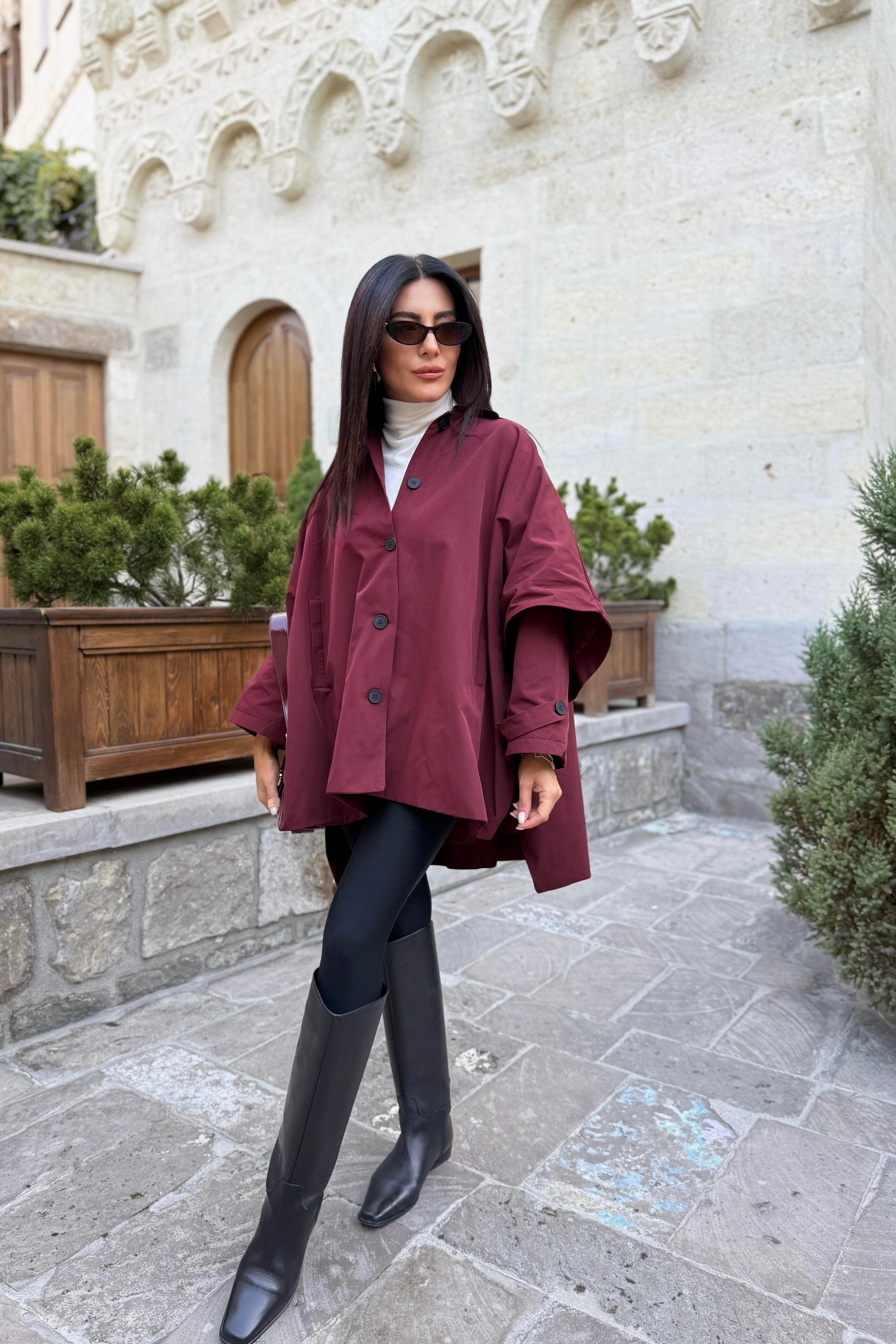 BORDO ASTARLI DÜĞMELİ PANÇO TRENÇKOT