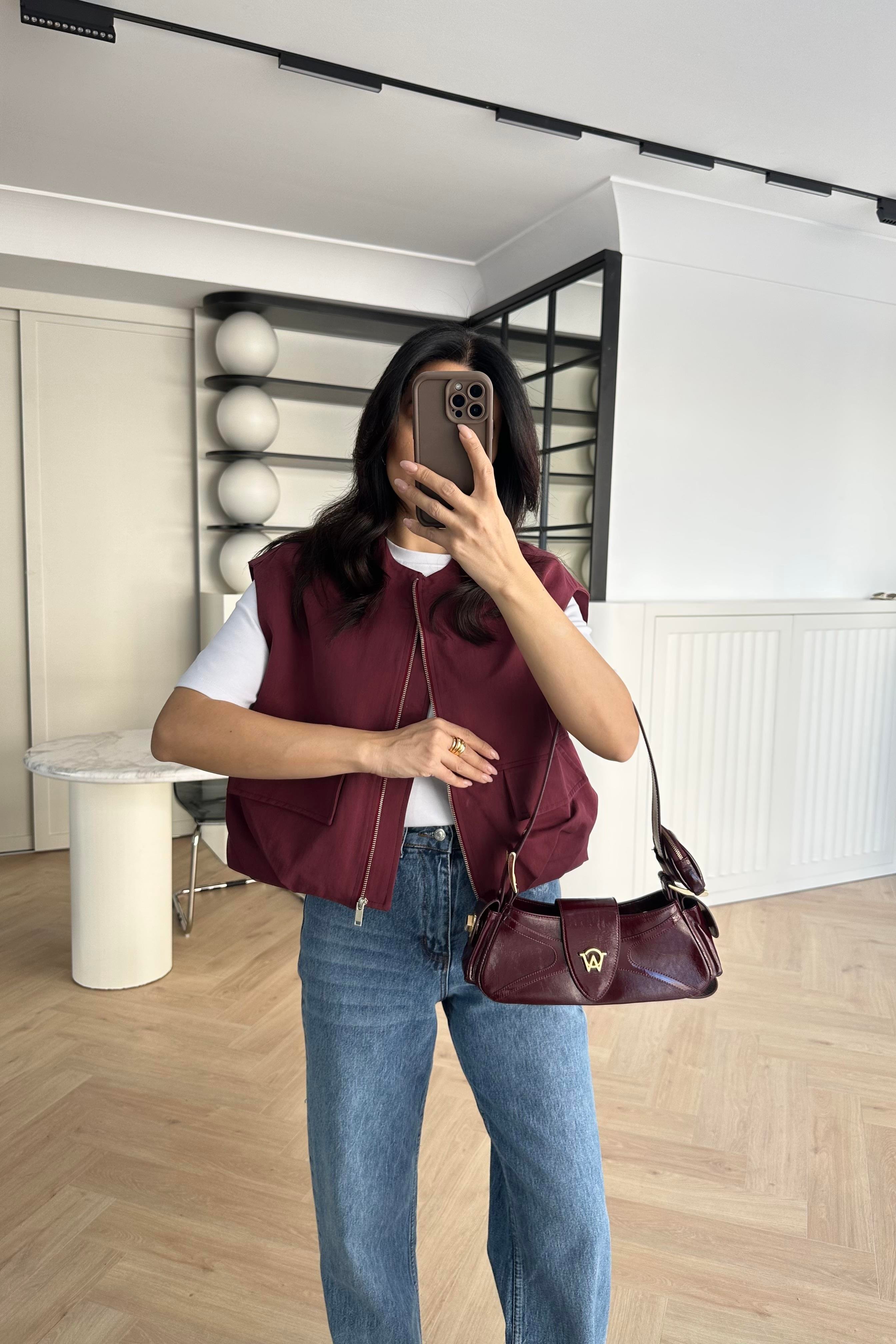 Bordo Astarlı Gabardin Kumaş Yelek 