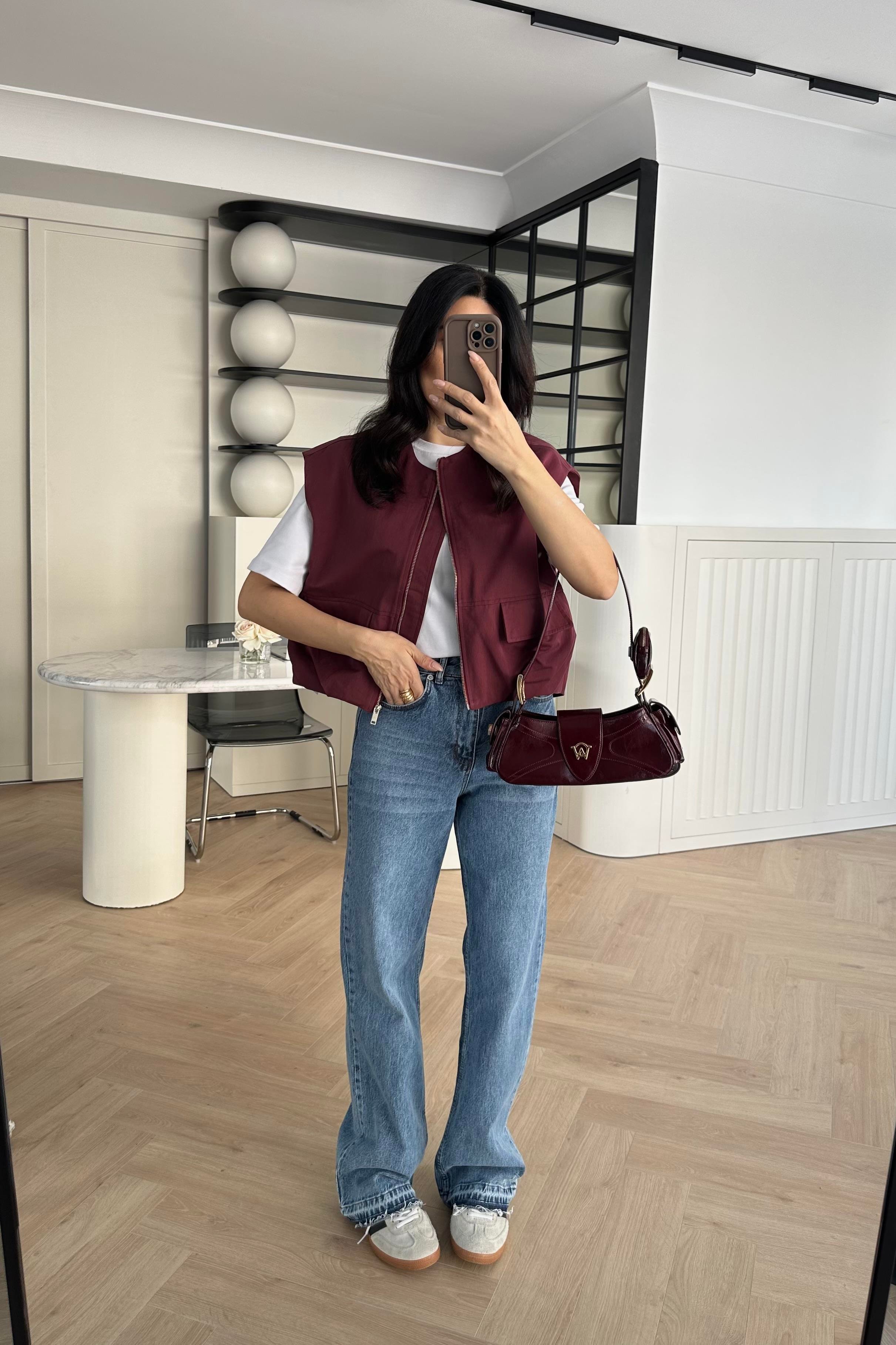 Bordo Astarlı Gabardin Kumaş Yelek 