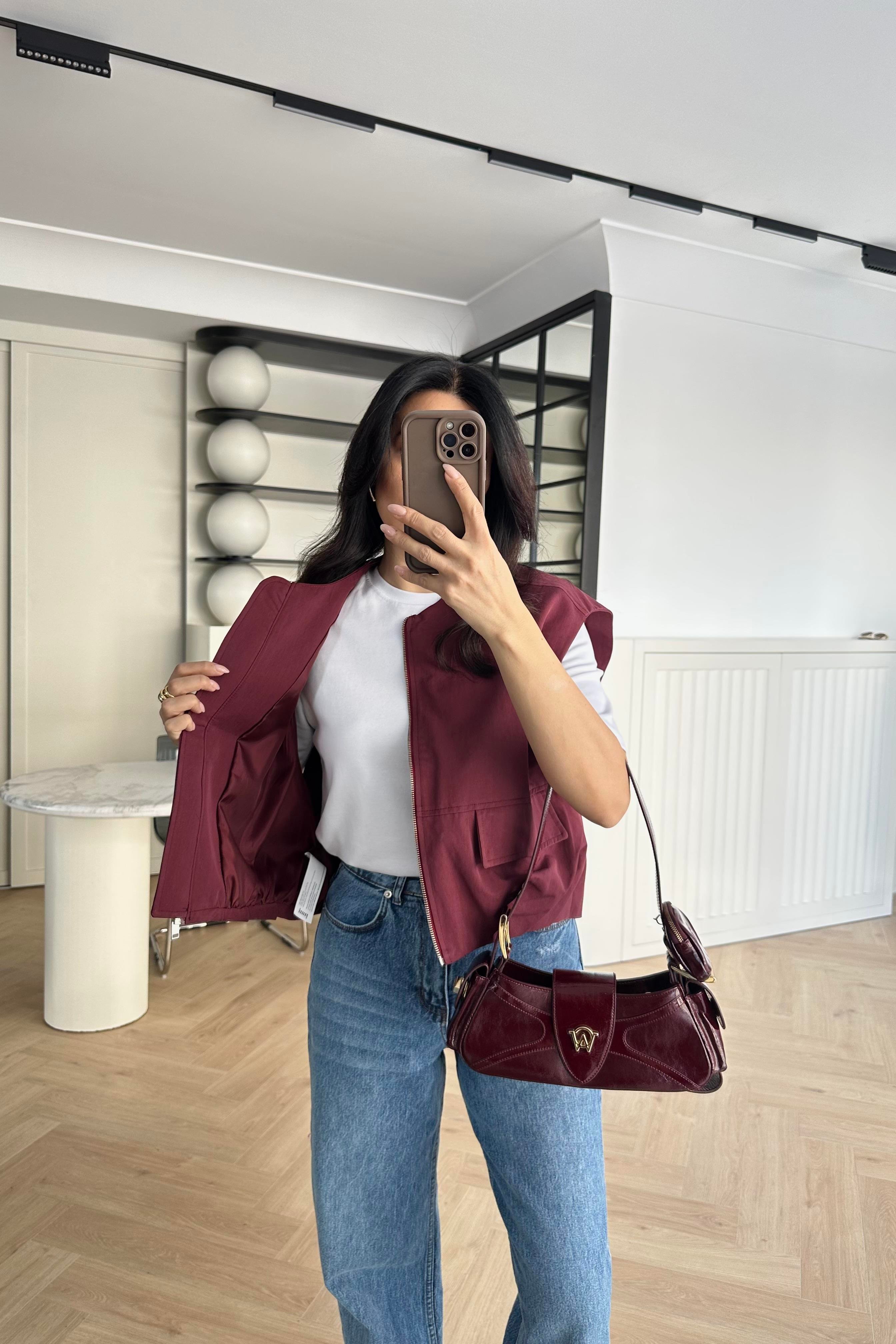 Bordo Astarlı Gabardin Kumaş Yelek 