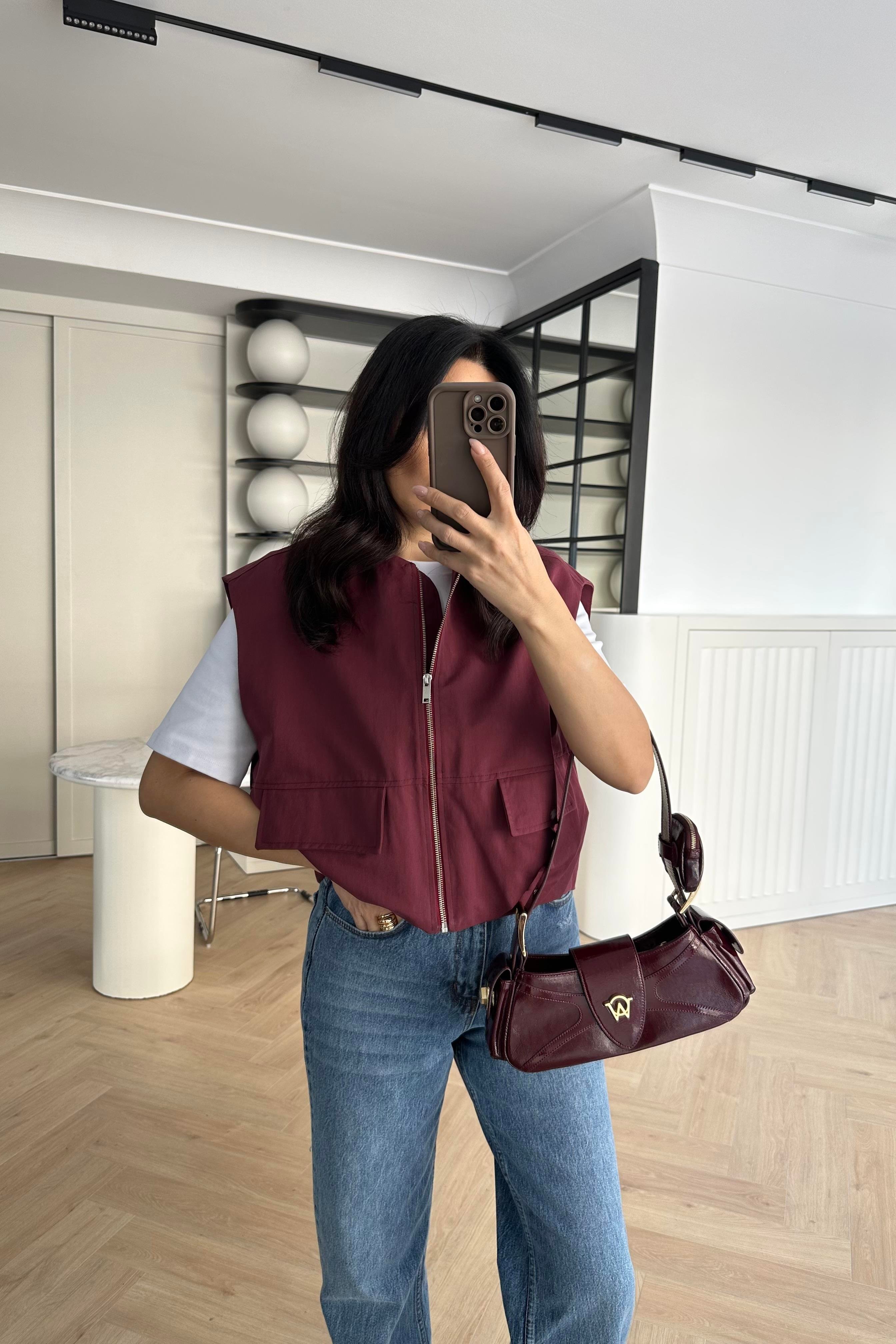 Bordo Astarlı Gabardin Kumaş Yelek 