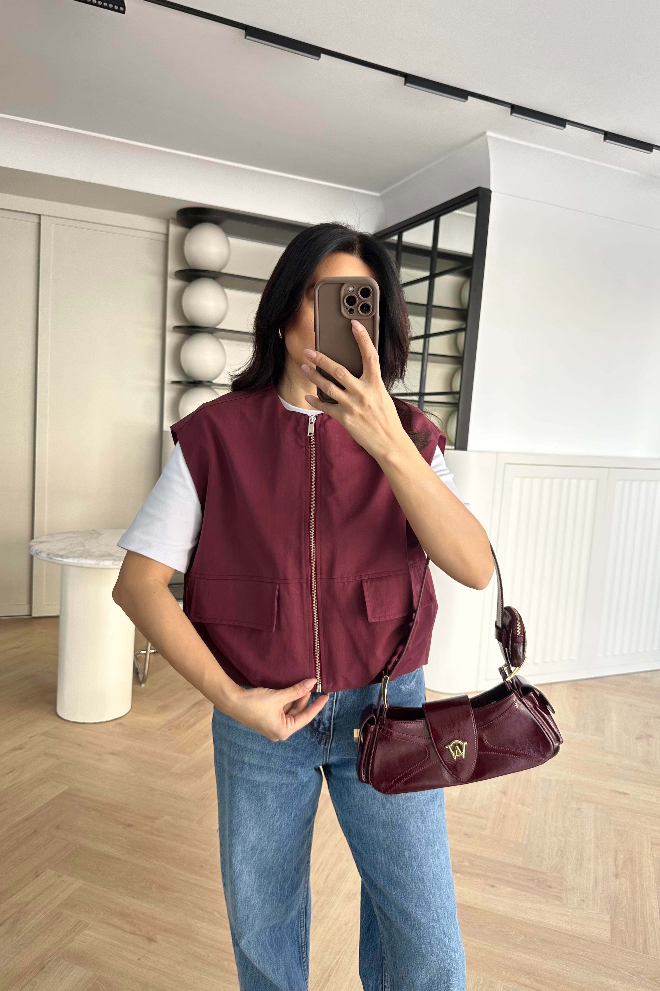 Bordo Astarlı Gabardin Kumaş Yelek 