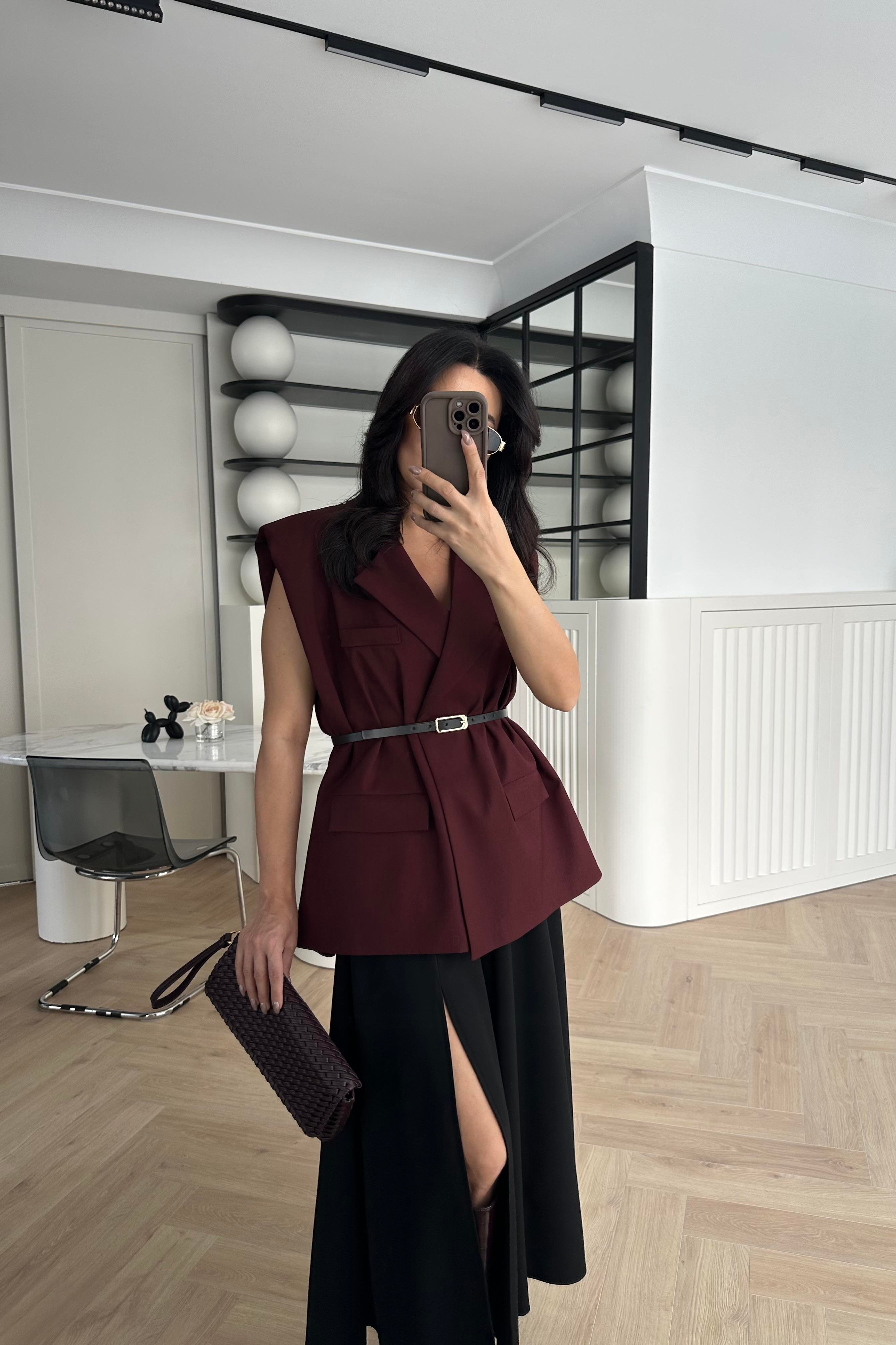 Bordo Astarlı Kemerli Vatkalı Yelek 