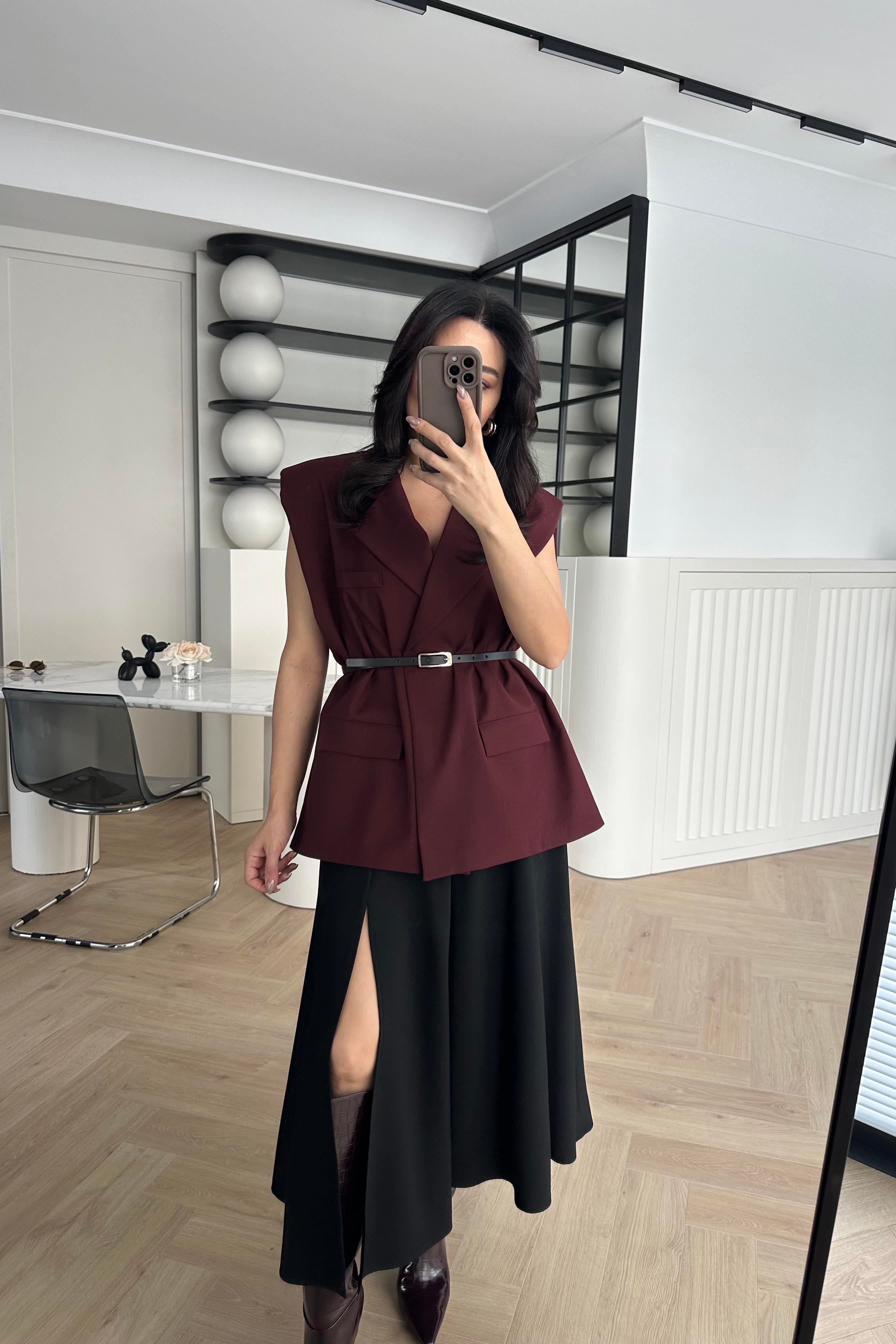 Bordo Astarlı Kemerli Vatkalı Yelek 