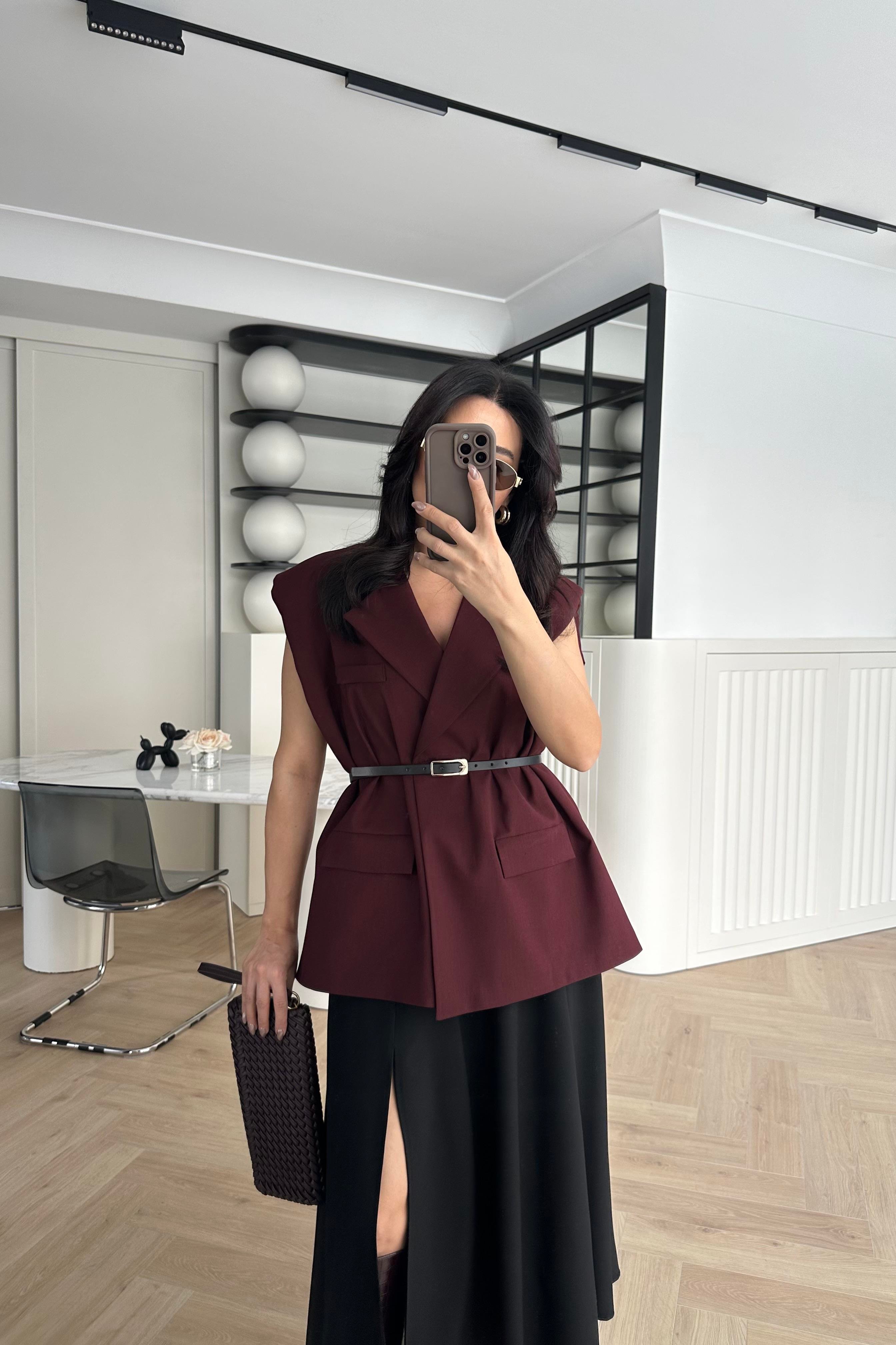 Bordo Astarlı Kemerli Vatkalı Yelek 