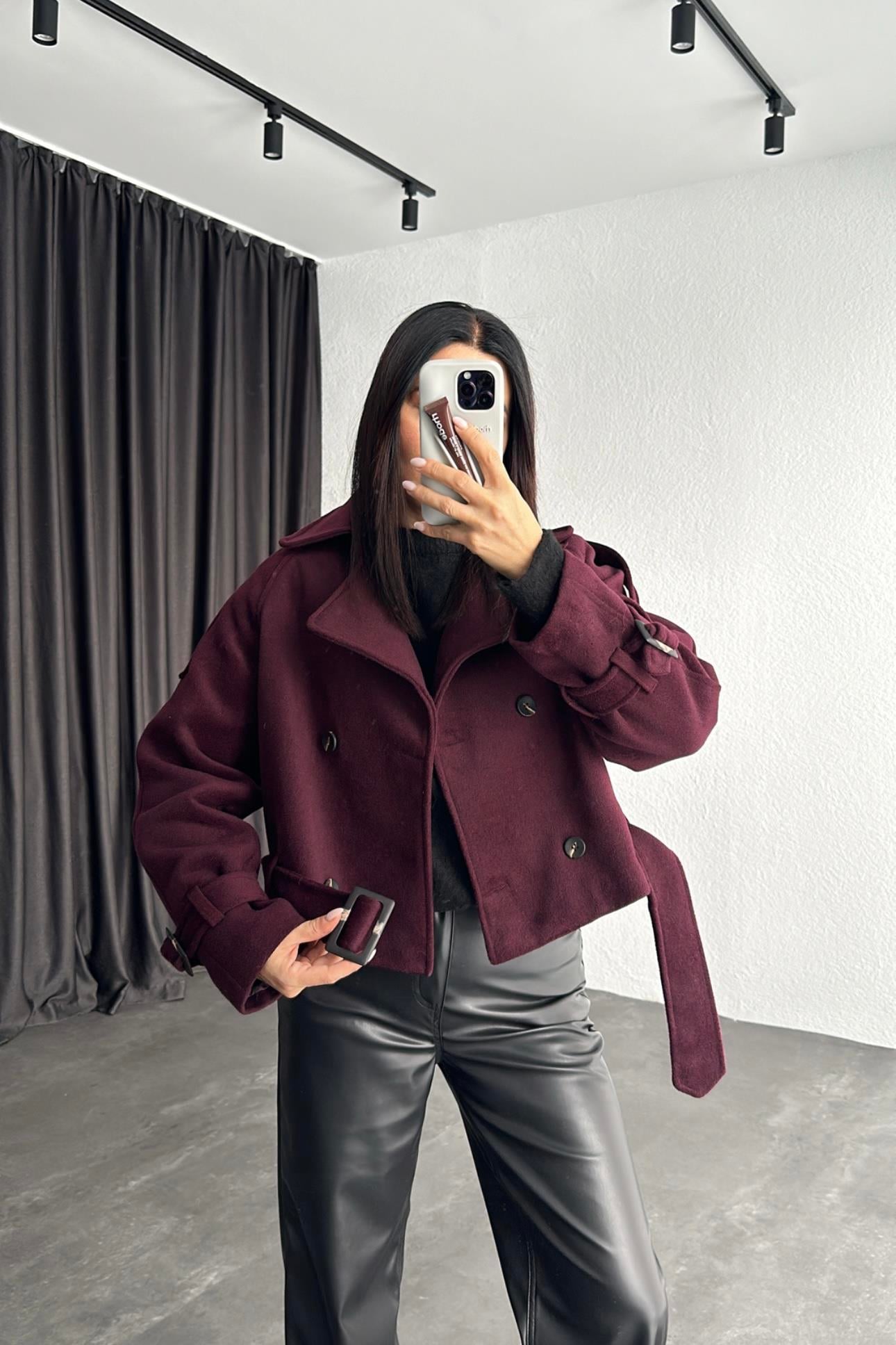 Bordo Astarlı Kısa Kaşe Ceket