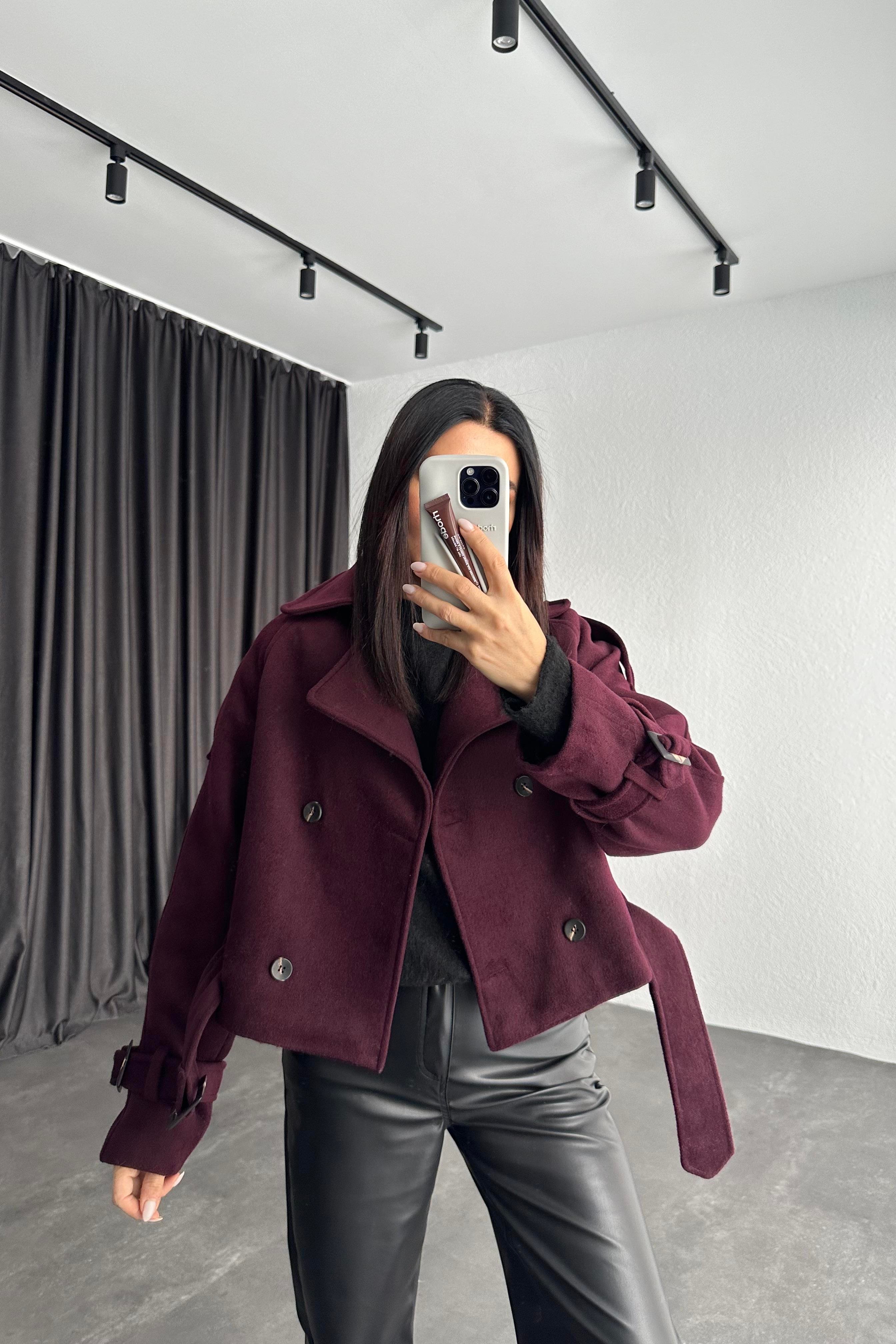 Bordo Astarlı Kısa Kaşe Ceket