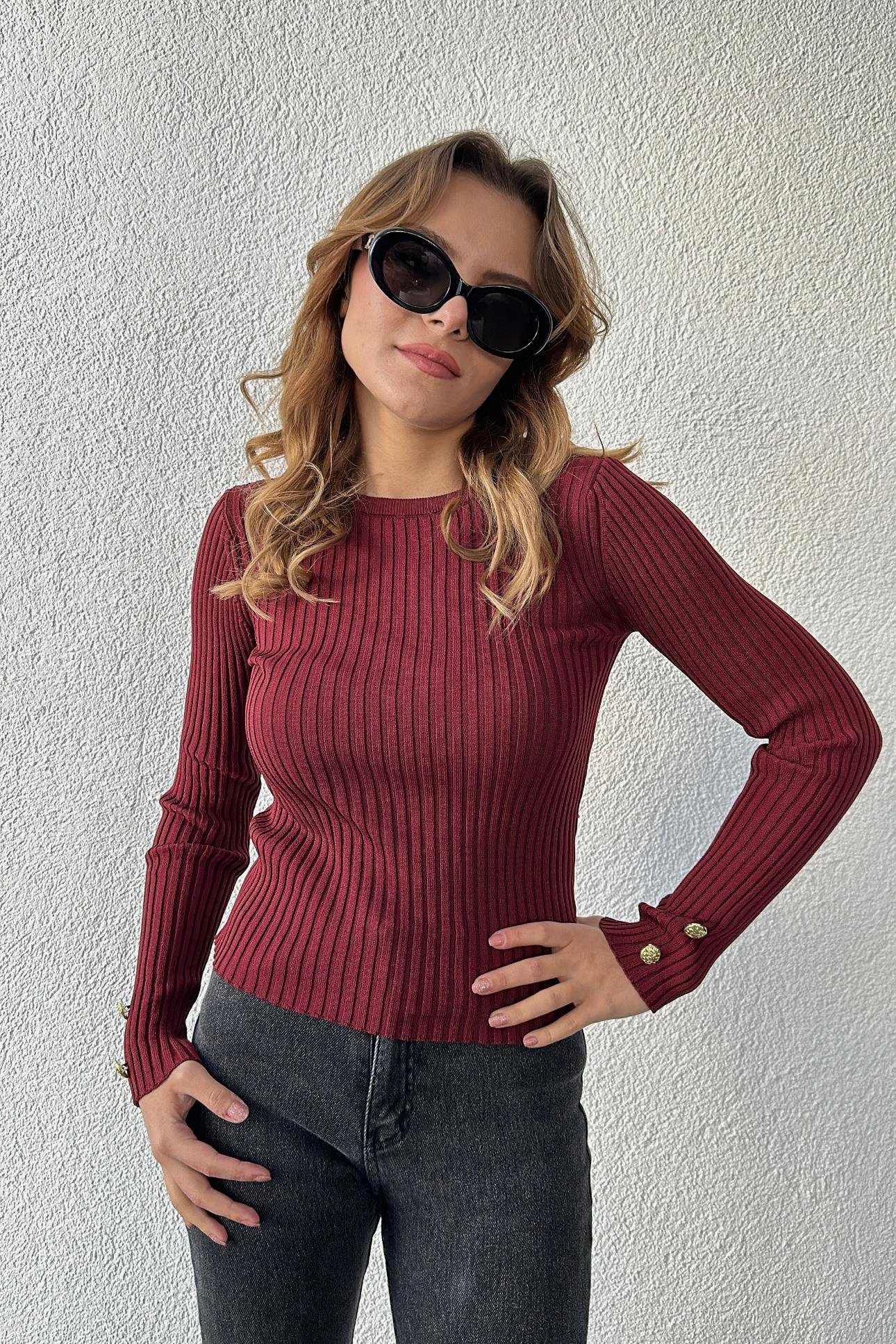 Bordo Bisiklet Yaka Kolları Düğme Detaylı Triko
