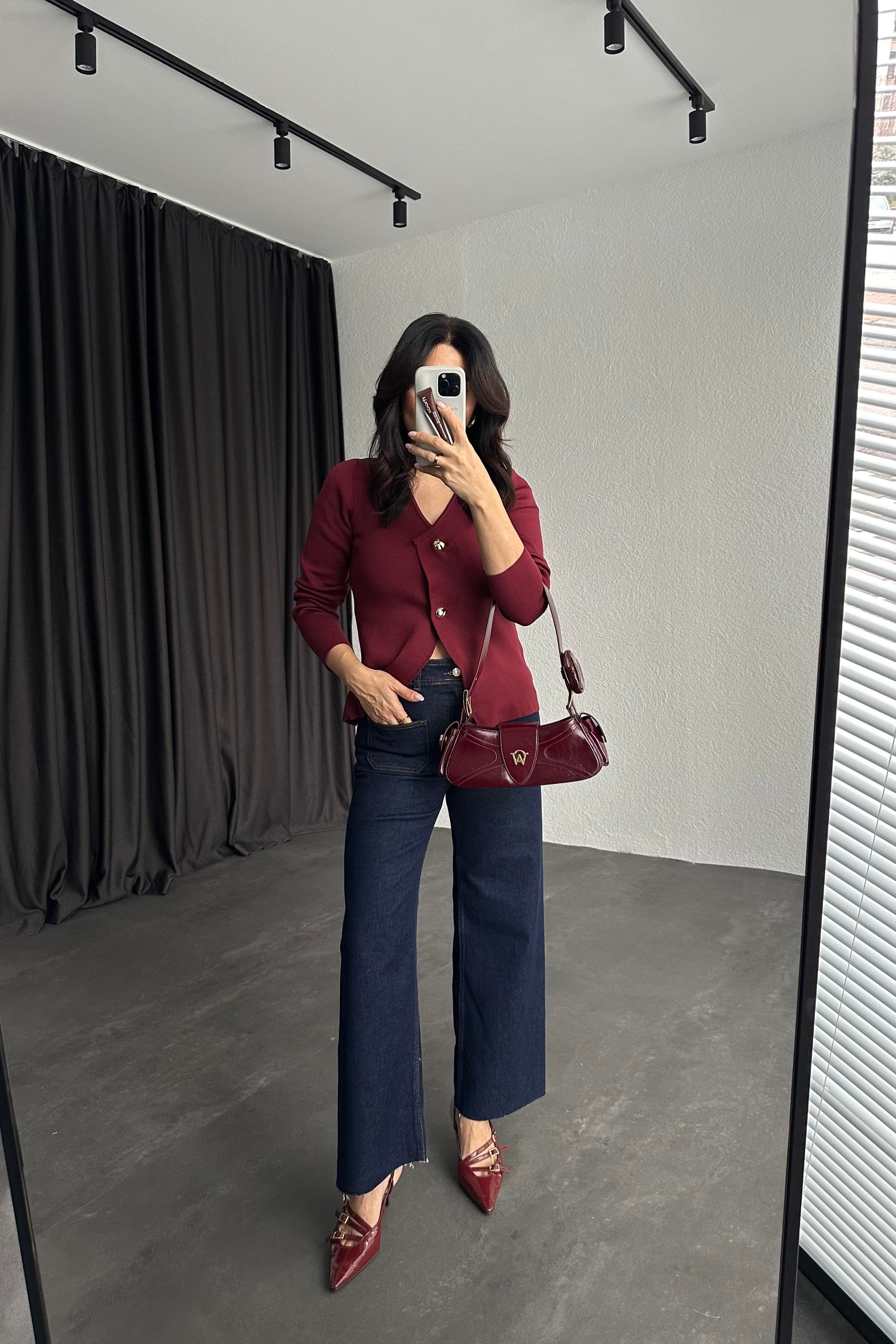 Bordo Çelik Triko Gold Düğmeli Bluz