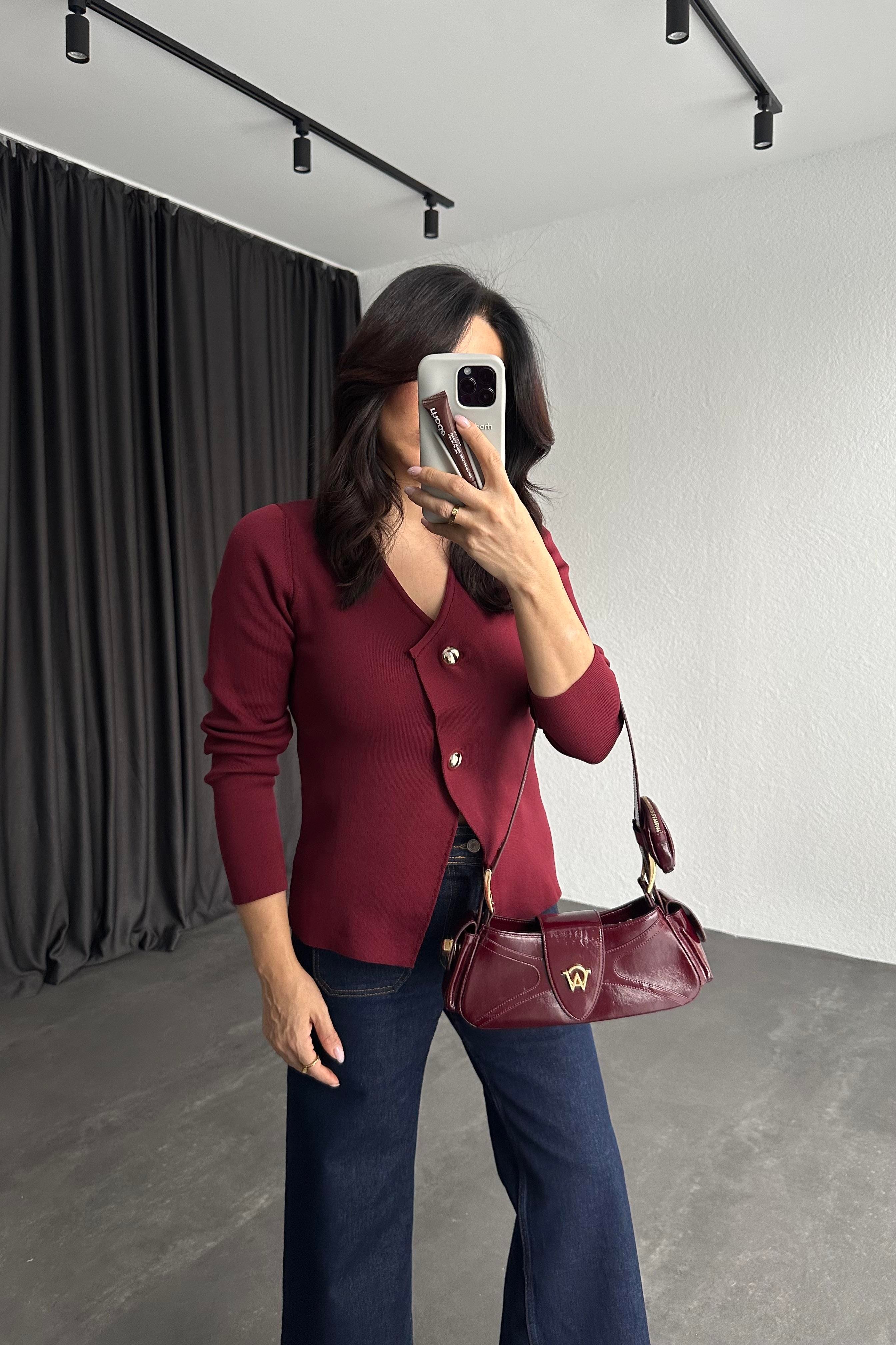 Bordo Çelik Triko Gold Düğmeli Bluz