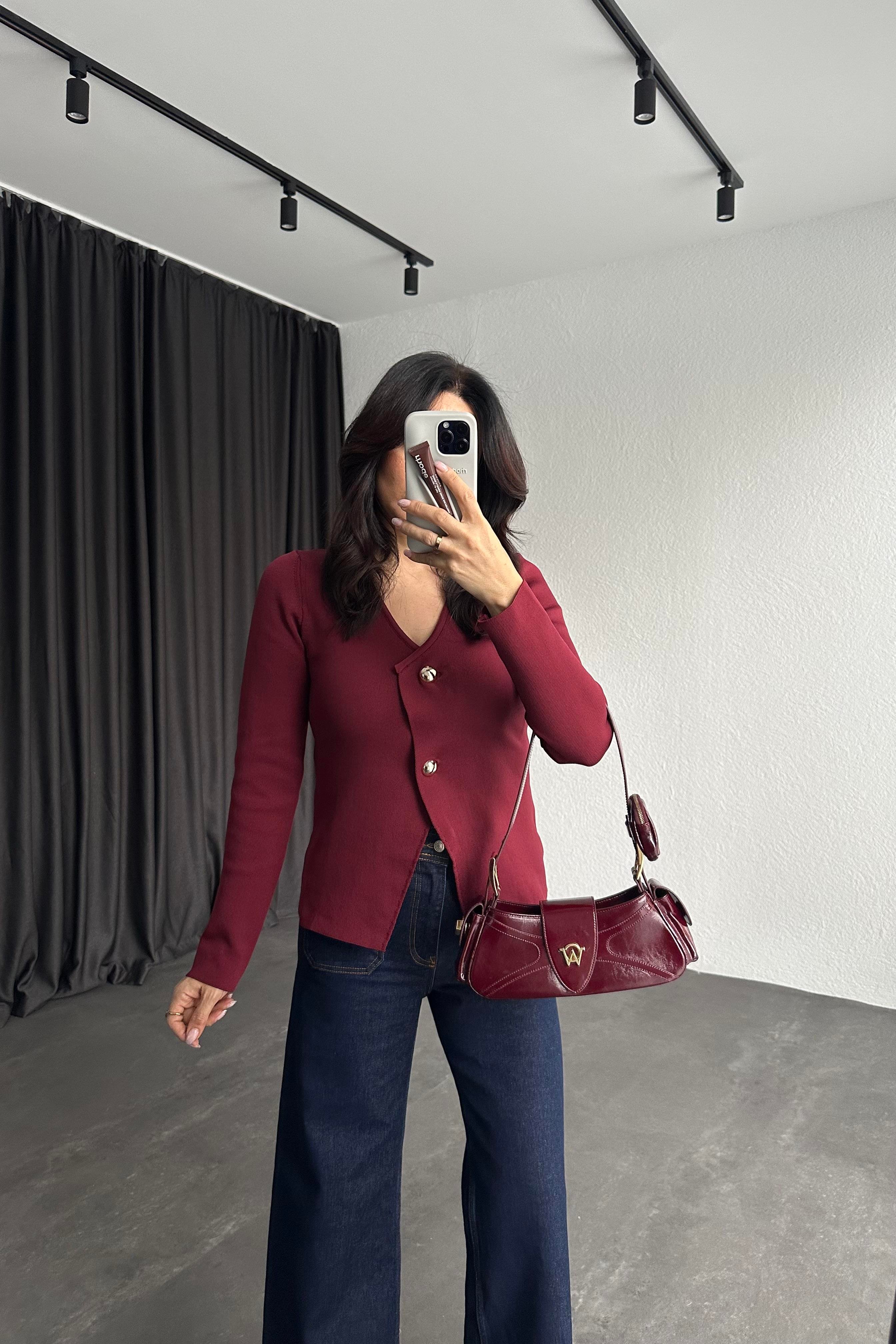 Bordo Çelik Triko Gold Düğmeli Bluz