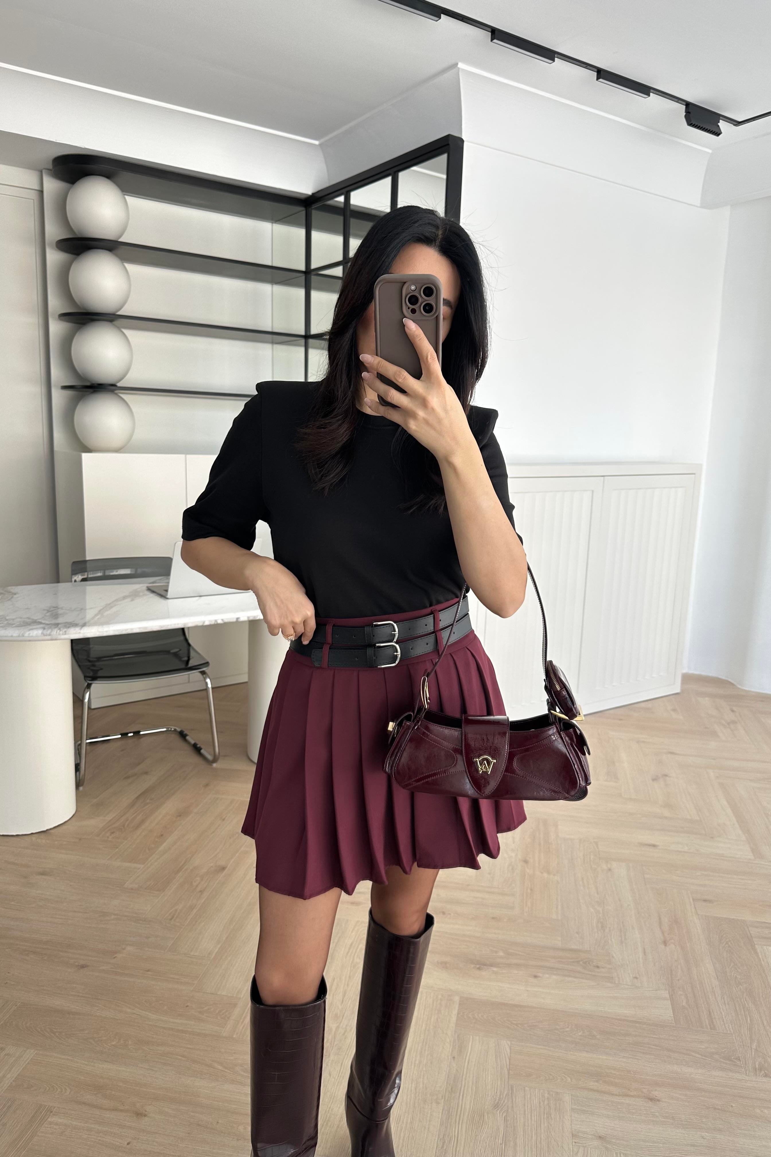 Bordo Çift Kemerli Pileli Etek