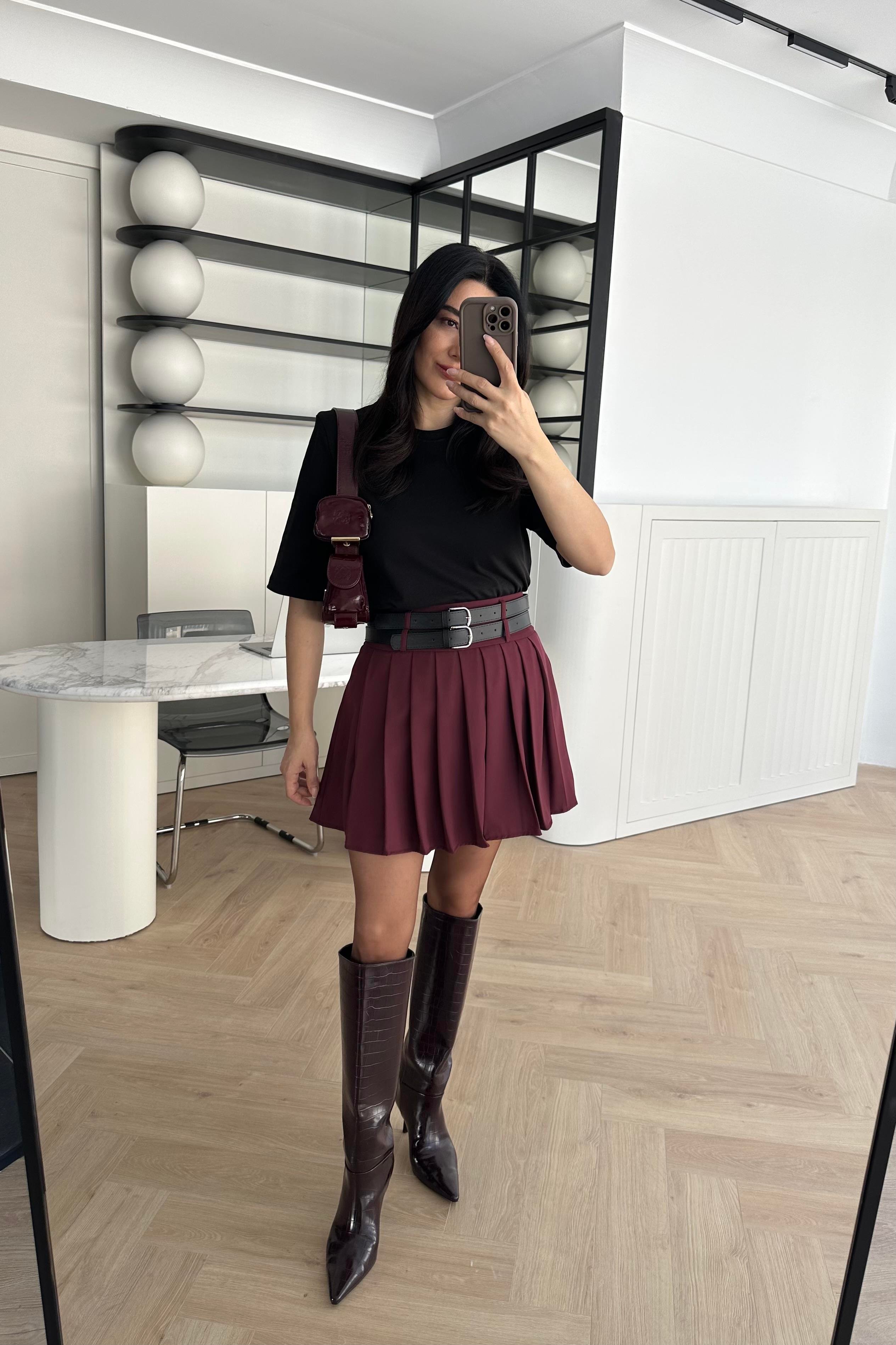 Bordo Çift Kemerli Pileli Etek