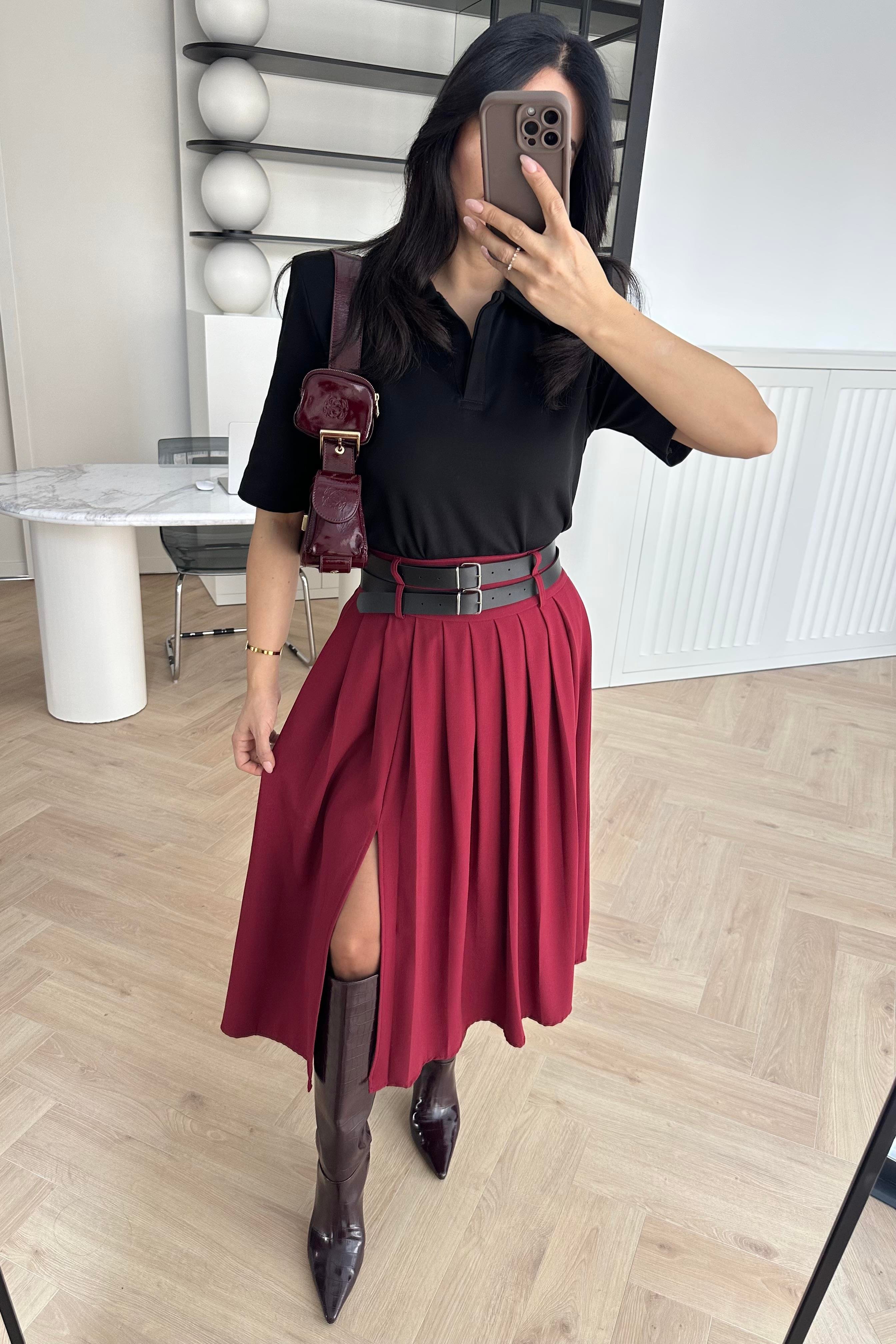 Bordo Çift Kemerli Yırtmaçlı Uzun Etek