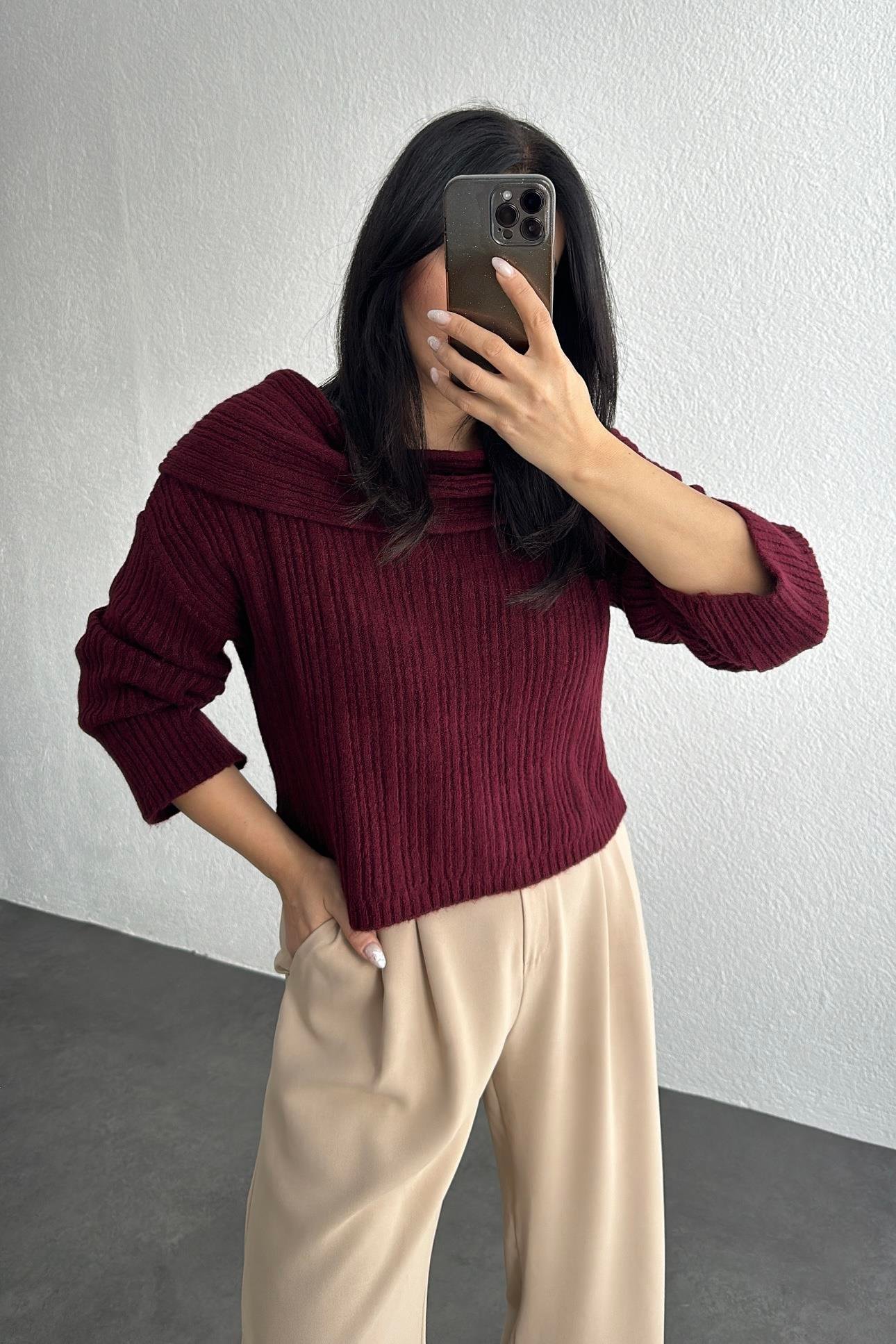 Bordo Degaje Yaka Fitilli Kısa Triko